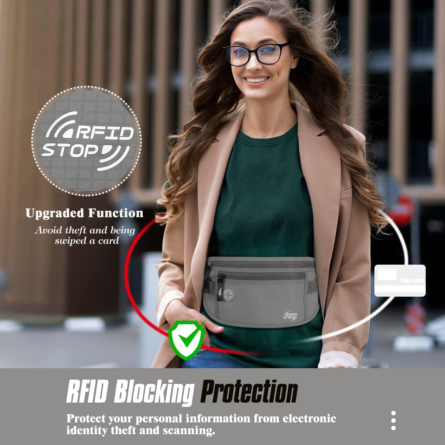 Thumbnail 1 de MoKo Secure Money Belt for Travel (RFID Block) – Grey hidden under-clothes wallet