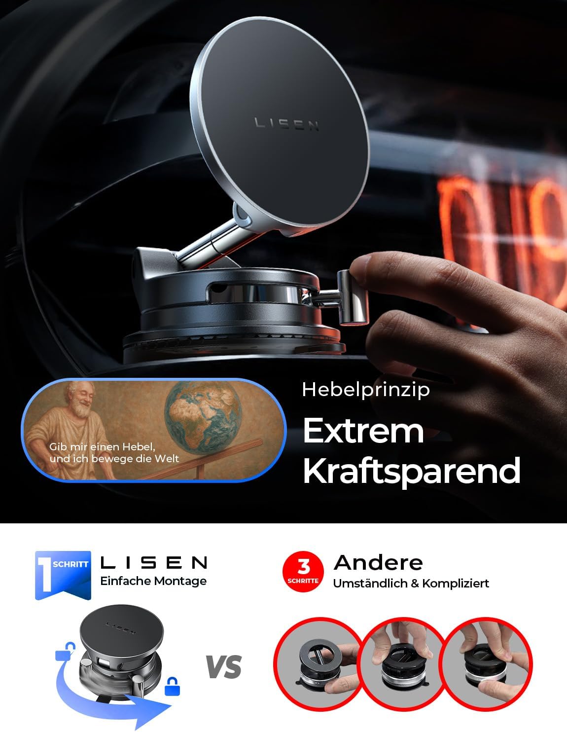 Detalle de LISEN Handyhalterung Auto mit Ladefunktion – MagSafe Halterung mit Vakuumbasis, Qi2.2 25W & 24 N52 Magnete
