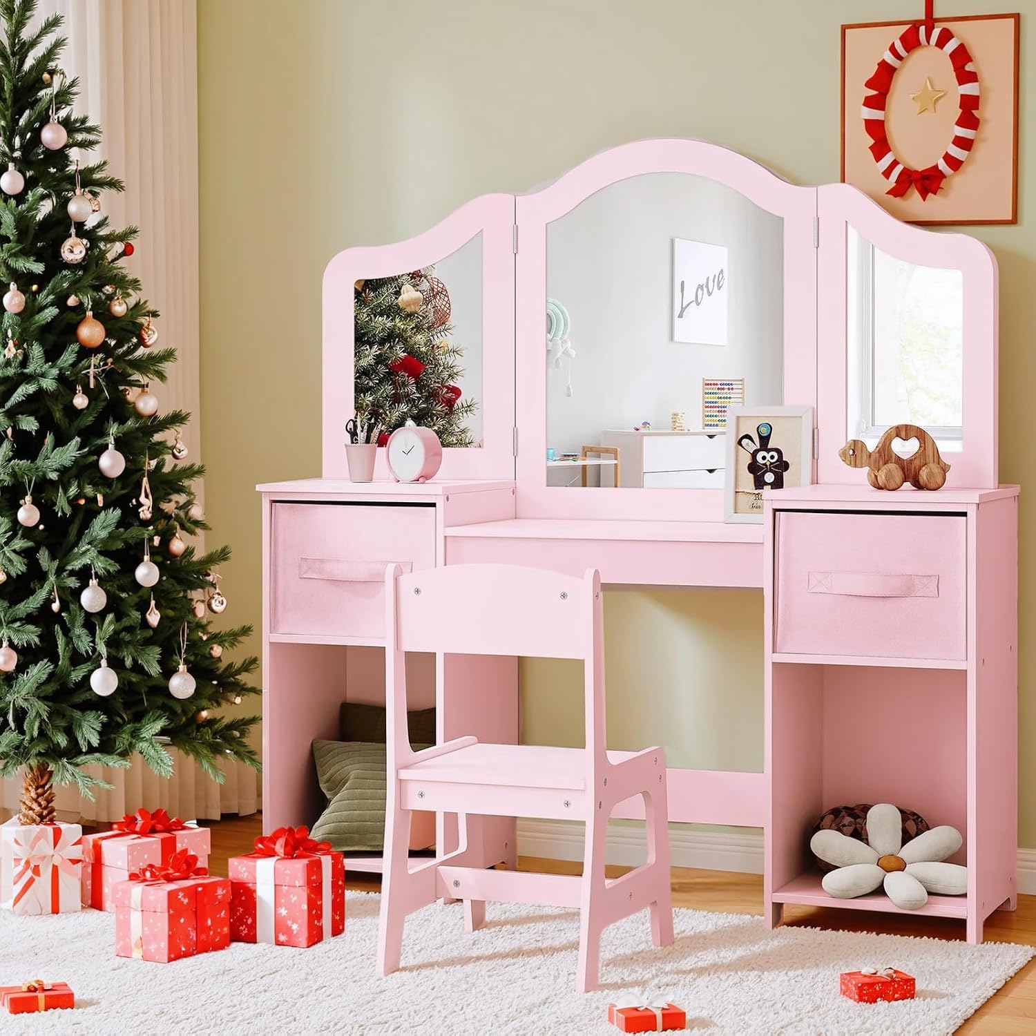 Detalle 2 de Clevich Kids Vanity Table and Chair Set 2-in-1 | Pink, with Removable Mirror & Stool