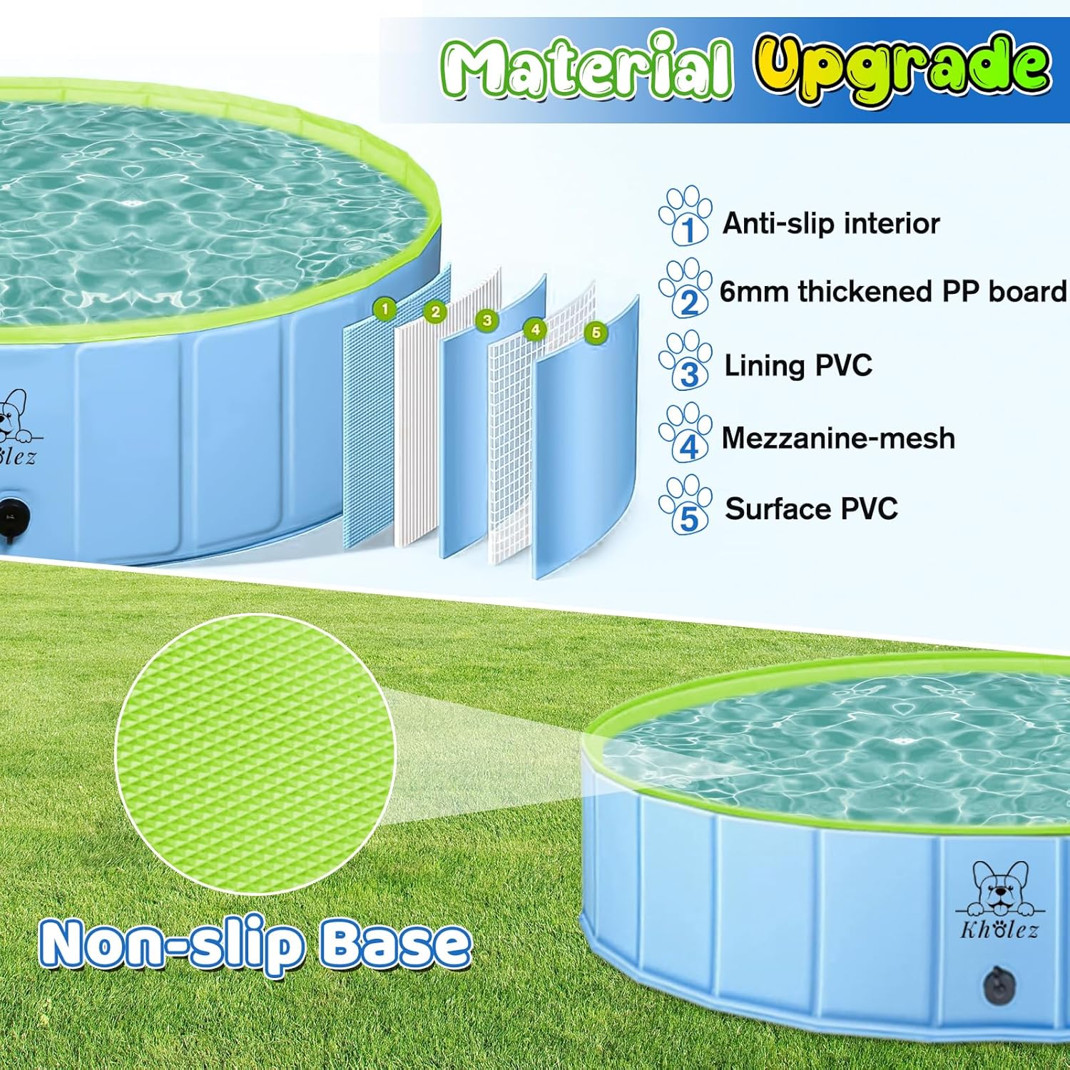 Thumbnail 2 de Dog Paddling Pool, Upgraded 120 x 30 cm Foldable Pet Swimming Pool with Bath Brush and Hose Adapter
