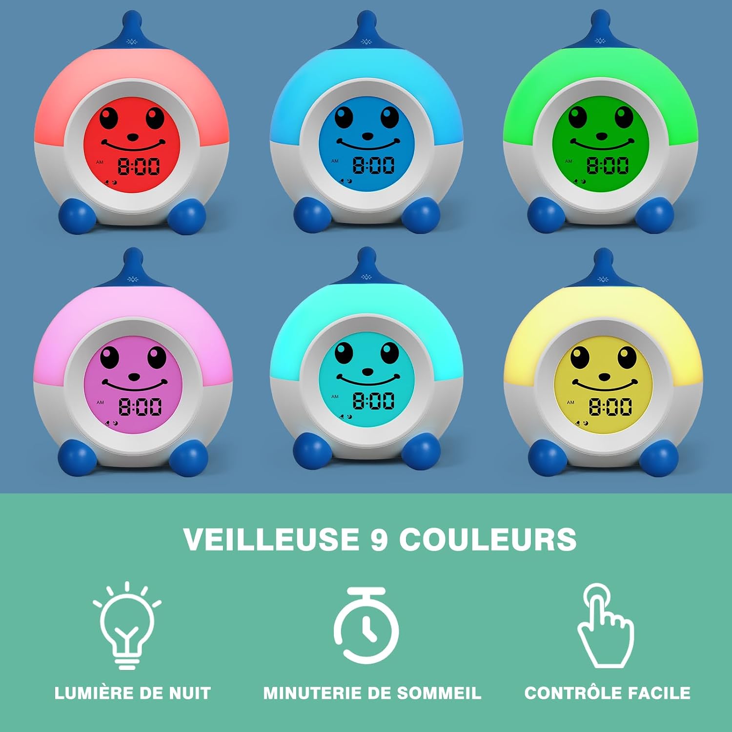 Detalle de I·CODE Reveil Enfant jour/nuit avec veilleuse et fonction sieste (bleu)