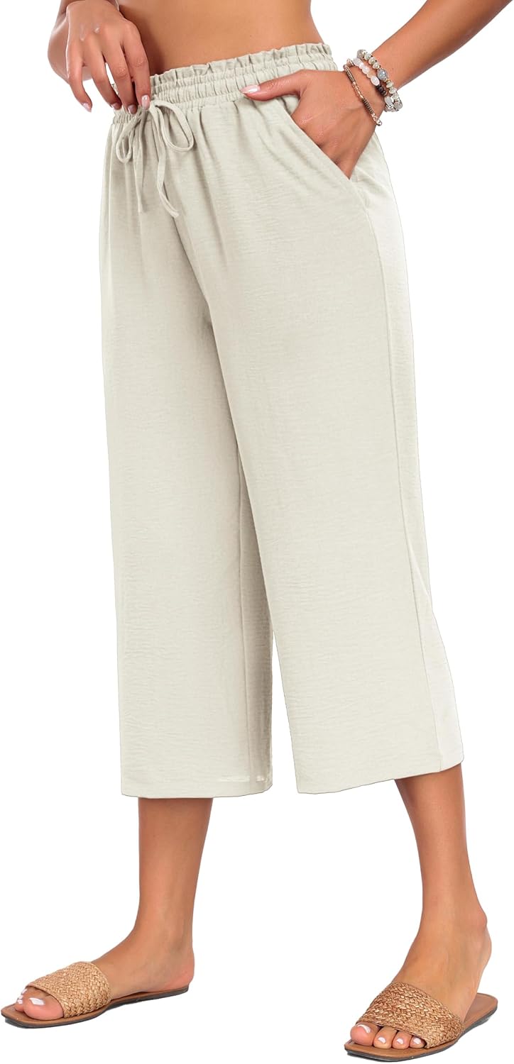 Detalle 1 de Neineiwu Damen Sommerhose High Waist Palazzo mit Kordelzug und weitem Bein (3/4 Capri)