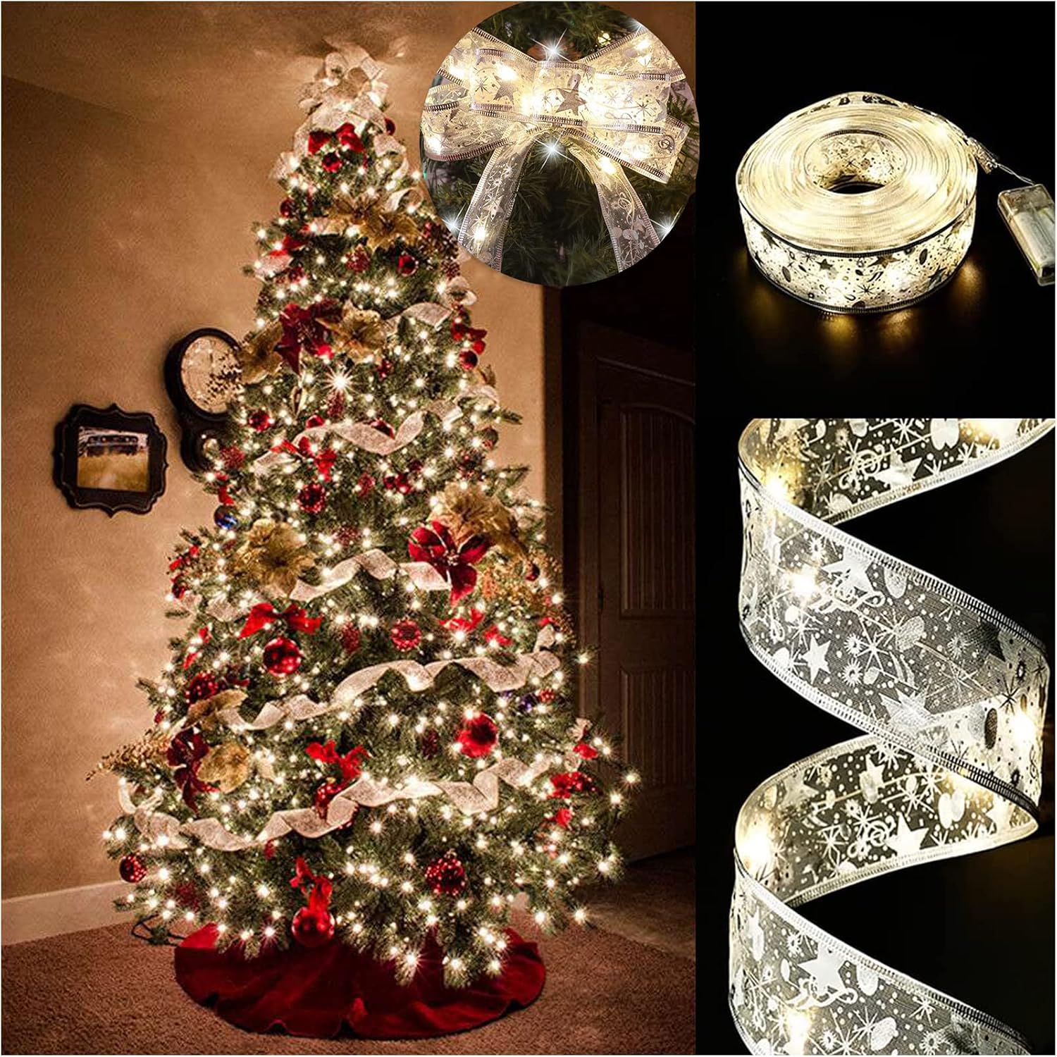 Detalle de Fuanxo Christmas Tree Ribbon Fairy Lights, 6 m, Silver, 60 Warm-White LEDs