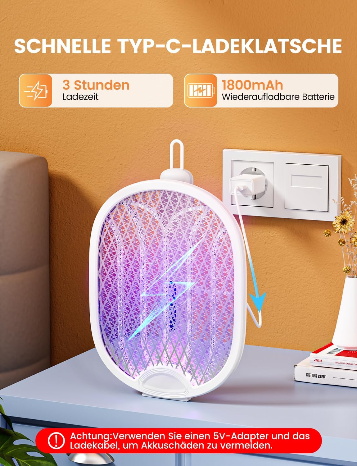 Thumbnail 5 de ZOVHYYA Elektrische Fliegenklatsche 4000 V – USB-C Akku, Weiß (1800 mAh)