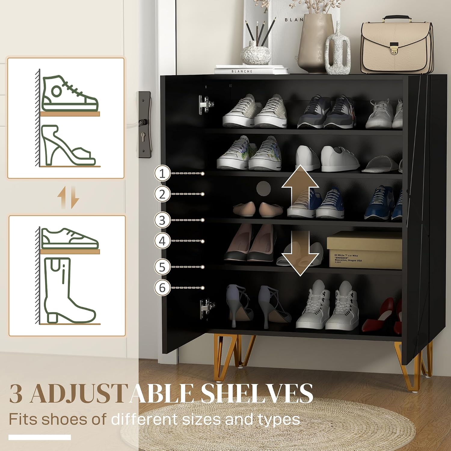 Detalle 2 de HOMCOM 837-469V80BK Shoe Cabinet, High-Gloss Black, Adjustable Shelves