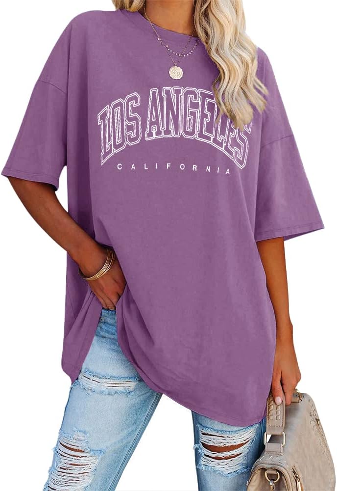Detalle de Ebifin Oversize Vintage T‑Shirt Damen – Kurzarm, Los Angeles Stil, lockerer Boyfriend-Look