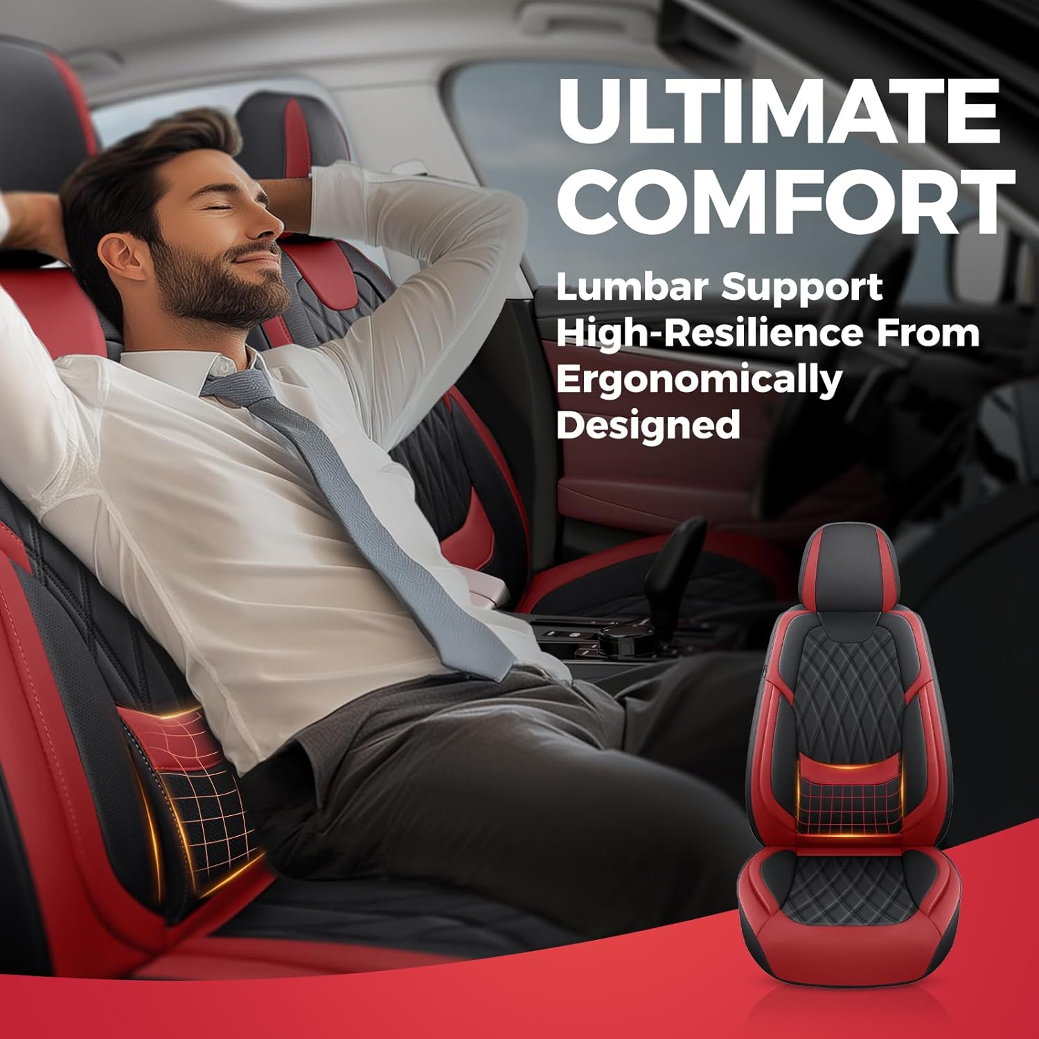 Thumbnail 5 de FREESOO Black Red Car Seat Covers Full Set (Faux Nappa Leatherette) with Lumbar Support