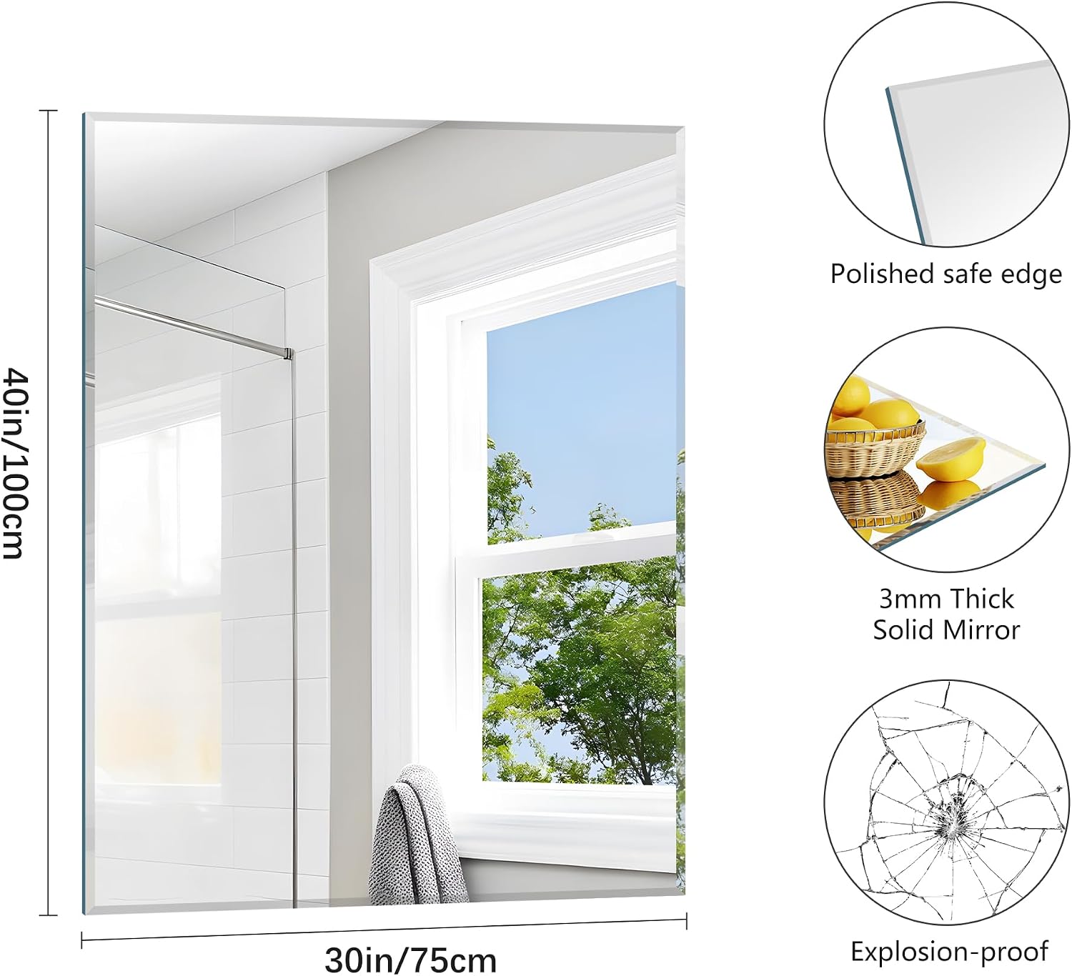 Detalle 2 de BONEWEI 30 x 40-Inch Frameless Wall Mirror with Bevelled Edge