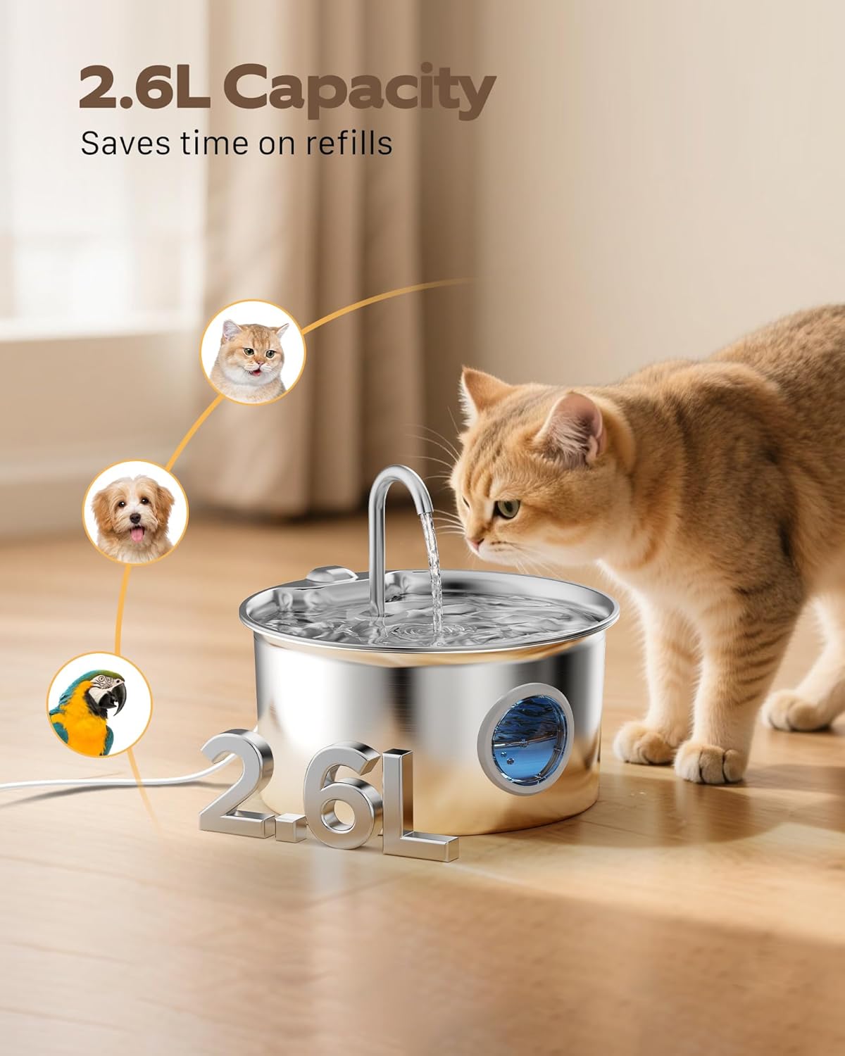Detalle 2 de Edelstahl Katzenbrunnen 2,6 L leiser Trinkbrunnen für Katzen 💧