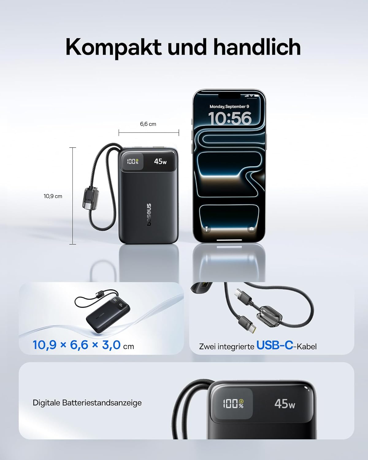 Detalle de Baseus FC11 Powerbank 45W, 20000mAh – integrierte USB‑C Kabel, LED-Display, kompakt & sicher