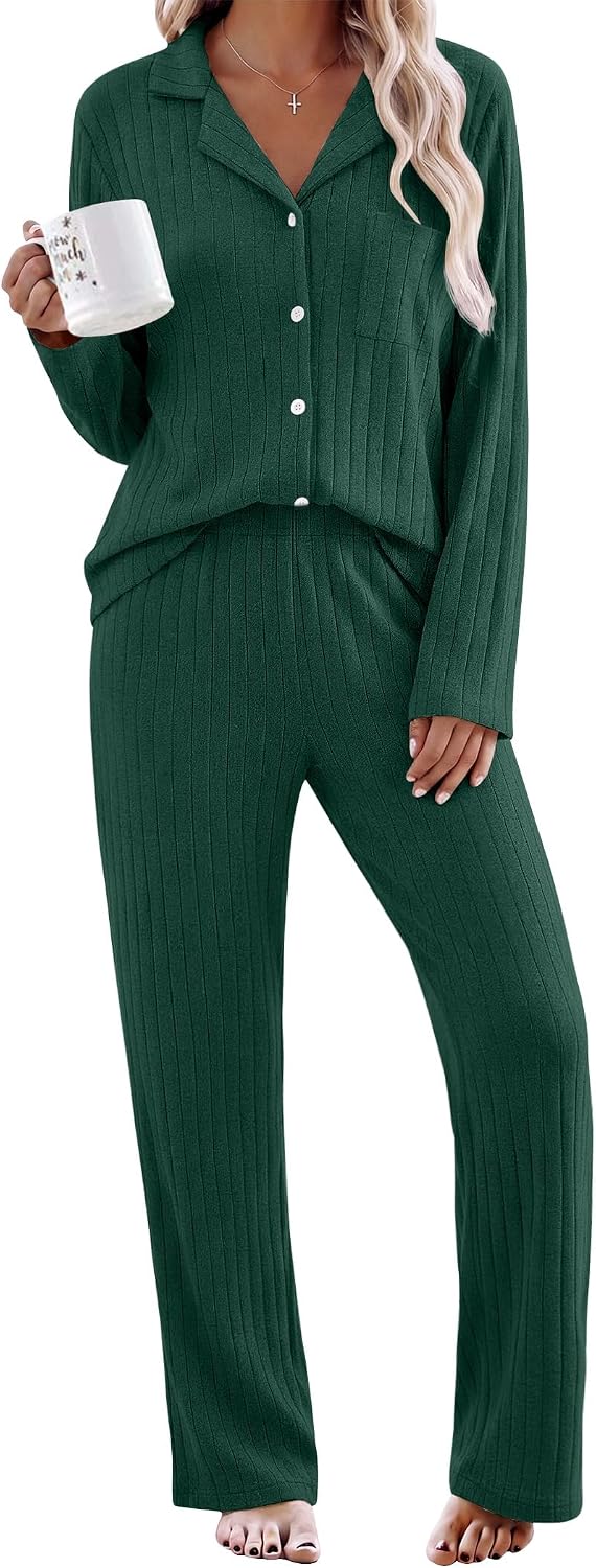 Detalle de Ekouaer Women's Pajama Set in Ribbed Knit