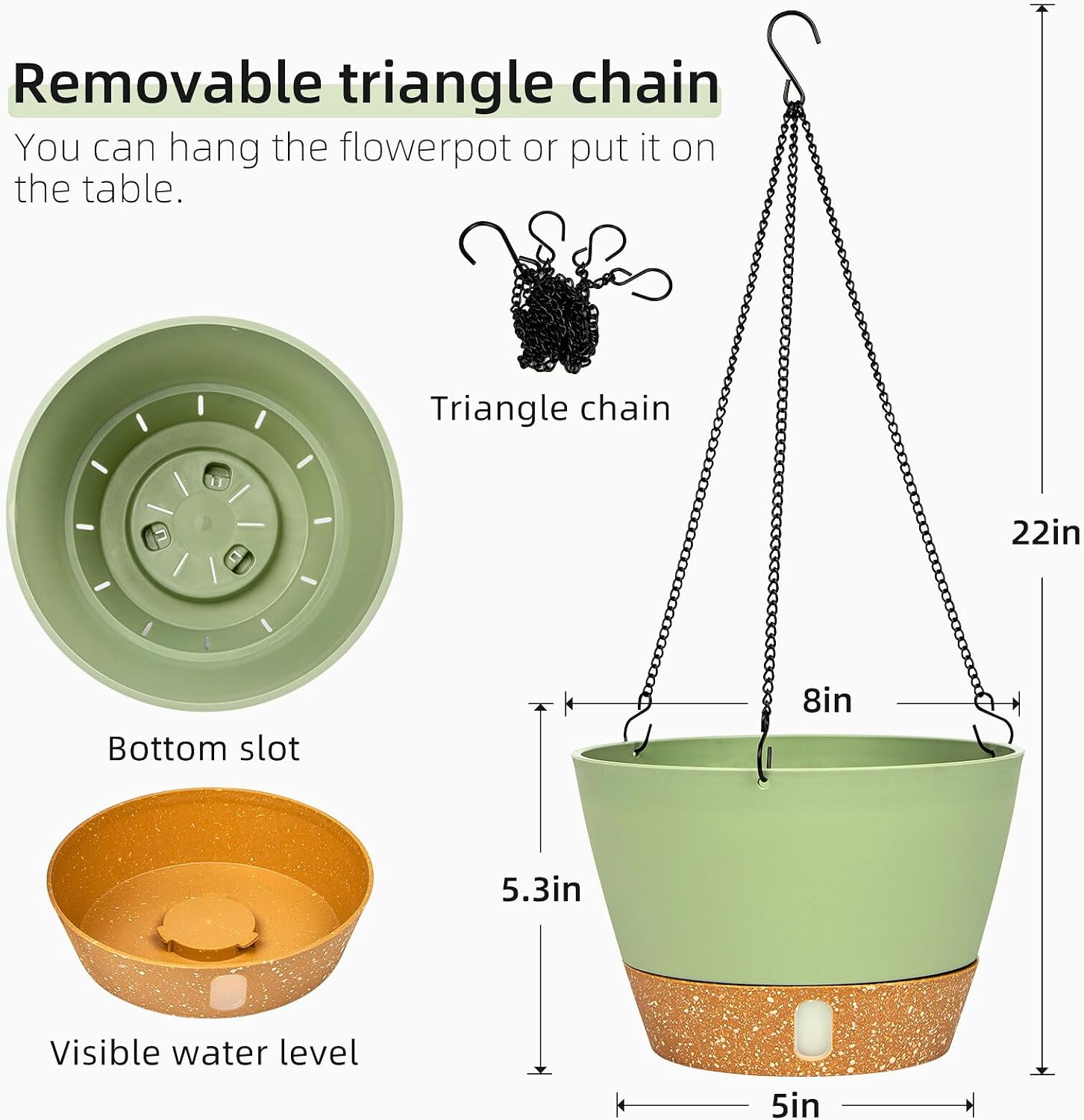 Detalle de QCQHDU 2 Pack Hanging Planters Set – 20 cm Indoor/Outdoor with Drainage and 3 Hooks
