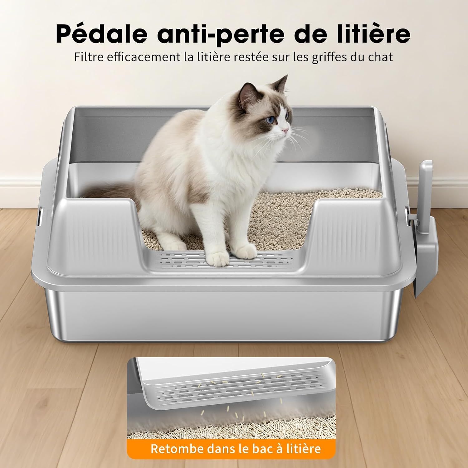 Detalle de Grand bac à litière INOX XL Ouvert — Bords hauts, antiadhésif, nettoyage facile et sans odeur