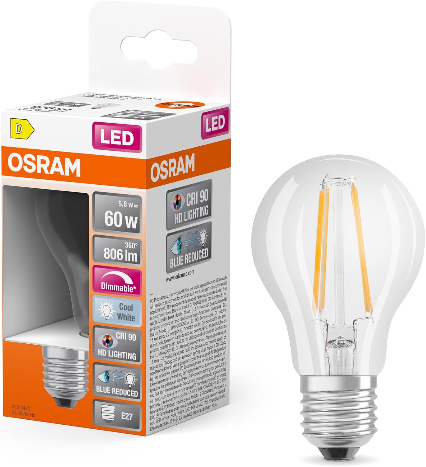 Detalle de OSRAM dimmbare LED-Glühbirne (klassische Kolbenform) warmweiß – 100W-Ersatz