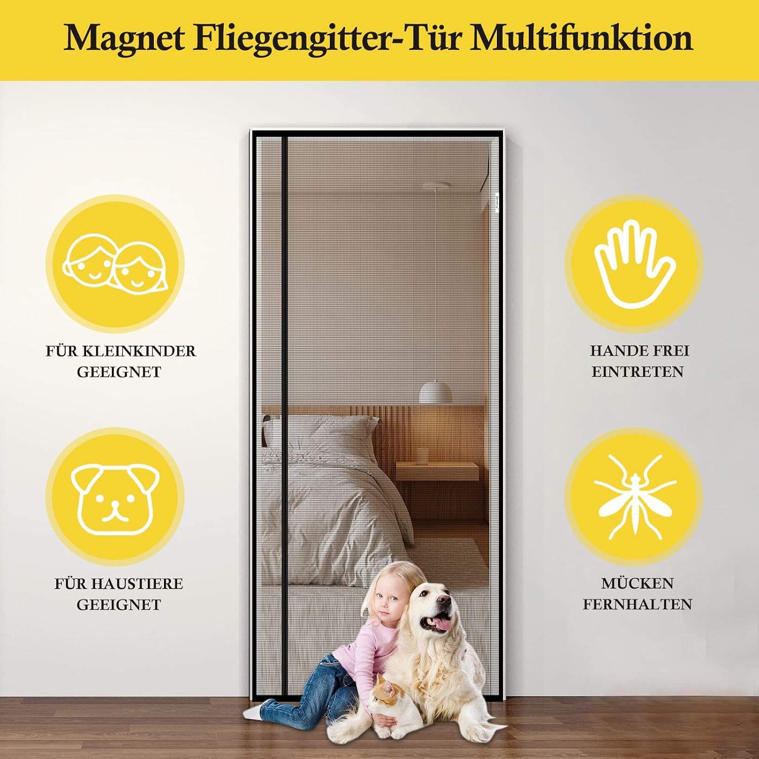 Detalle 2 de fowong Magnet Fliegengitter für Balkontür mit seitlicher Öffnung, 100x210 cm – reißfestes Katzenschutzgitter ohne Bohren
