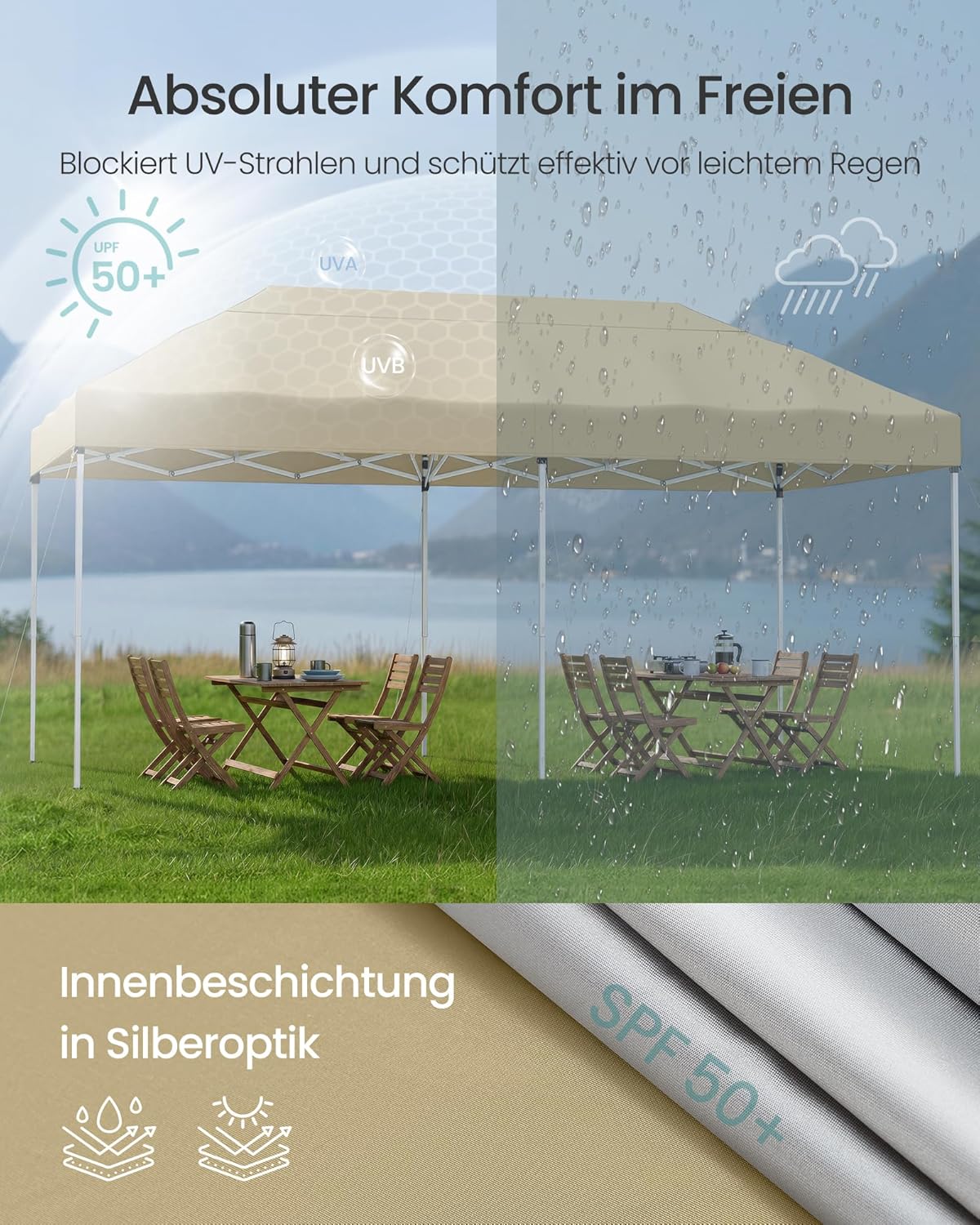 Thumbnail 3 de SONGMICS Pavillon 3 x 6 m mit Seitenwänden (beige) – faltbarer Gartenpavillon für Party, Markt & Hof GCT204LZ01