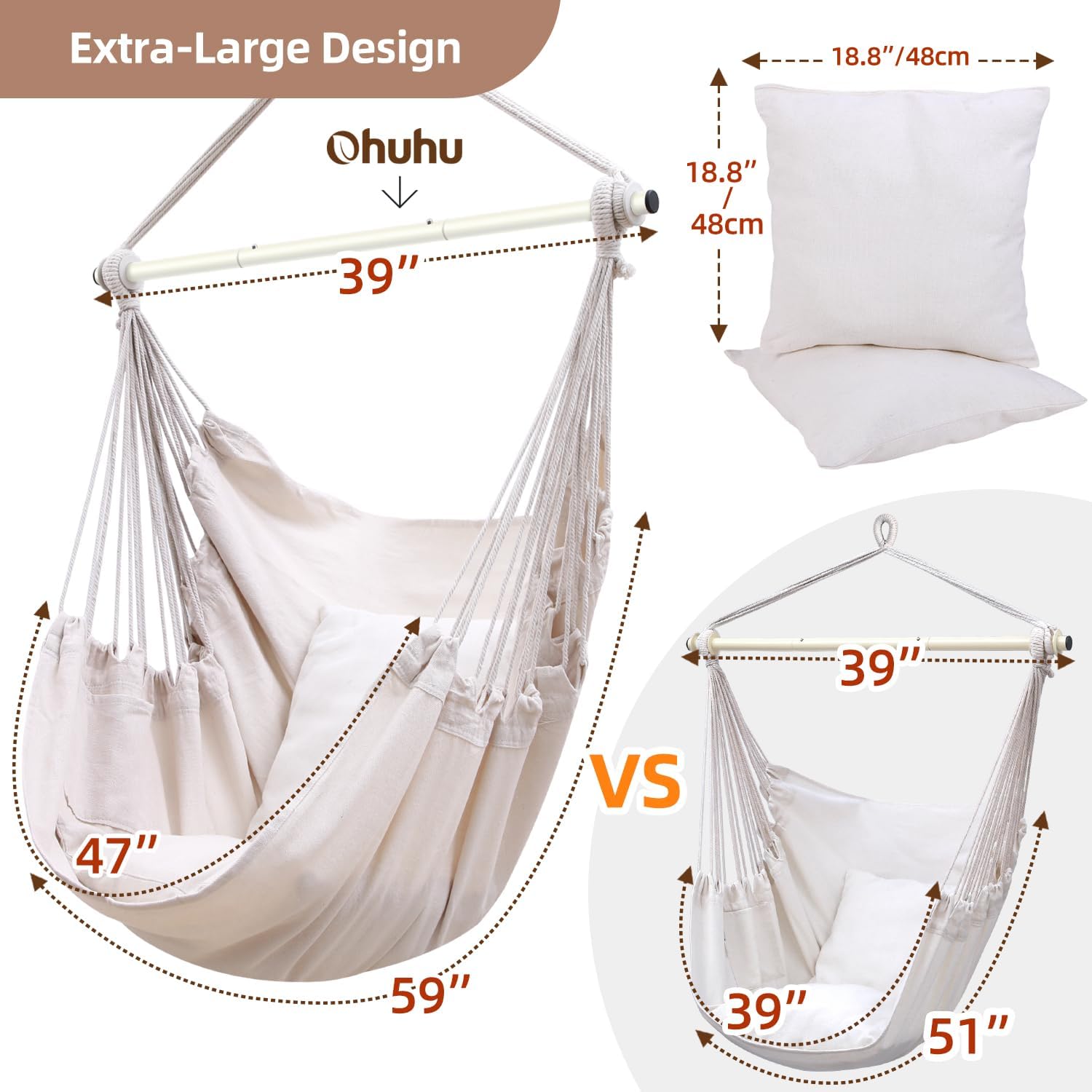 Thumbnail 2 de Ohuhu Hängesessel mit 2 Kissen und Deckenhaken-Kit – XL Outdoor Hängestuhl bis 150 kg, Beige