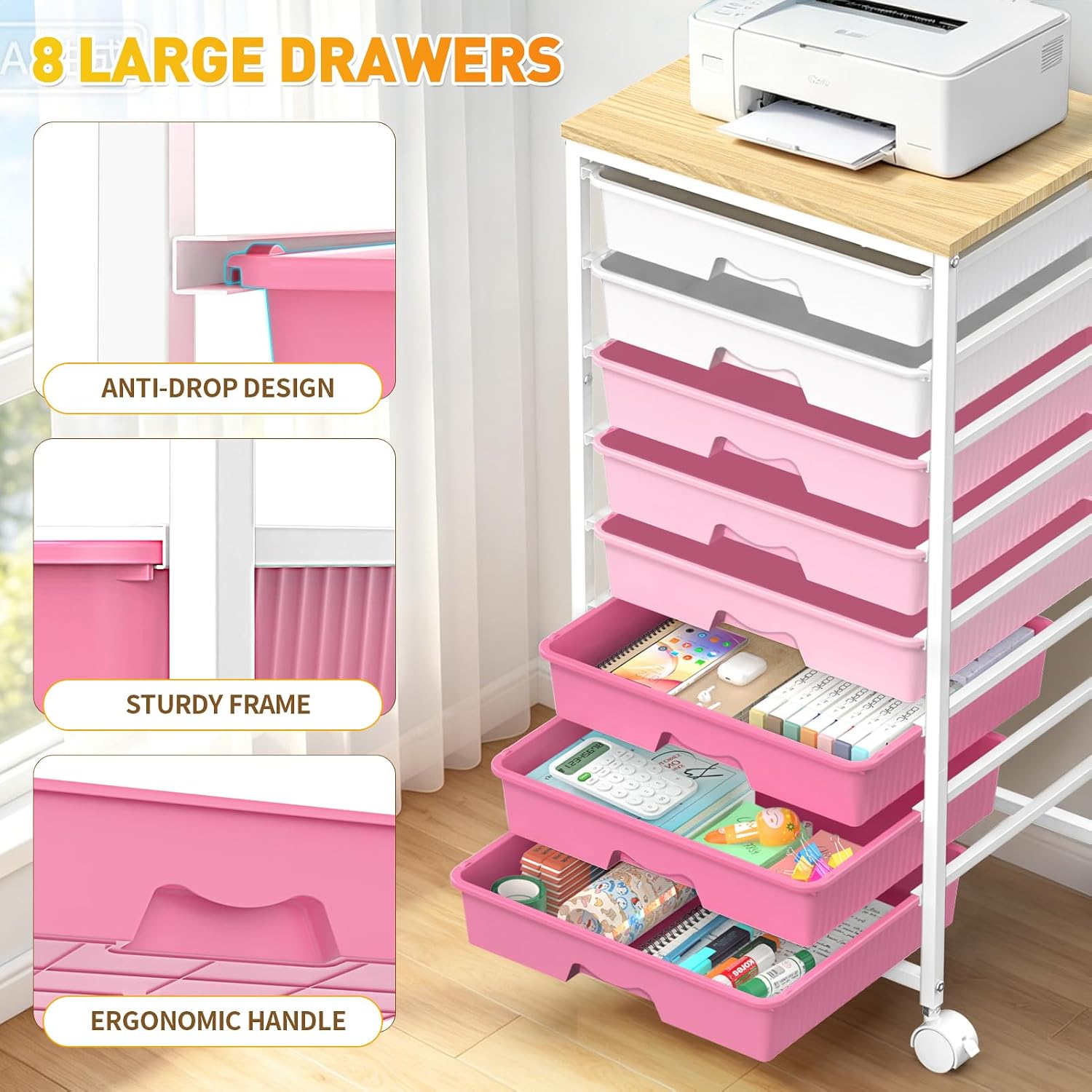 Detalle 1 de SUNALLY SN-SDC08PK 8-Drawer Rolling Storage Cart with Wood Top, Pink