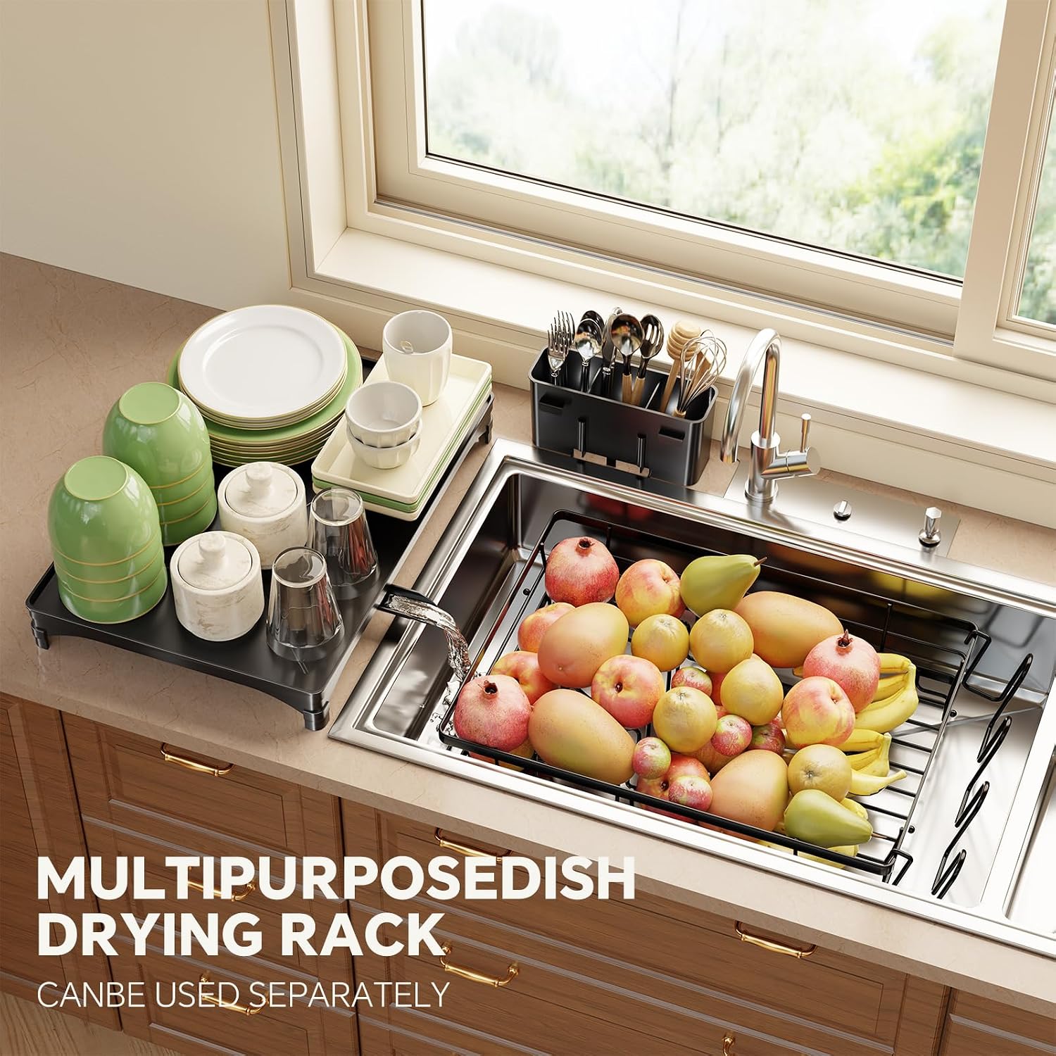 Thumbnail 6 de Simple Trending Countertop Dish Drainer in Black (Large, 21.5" L) with Utensil Holder and Cup Hooks