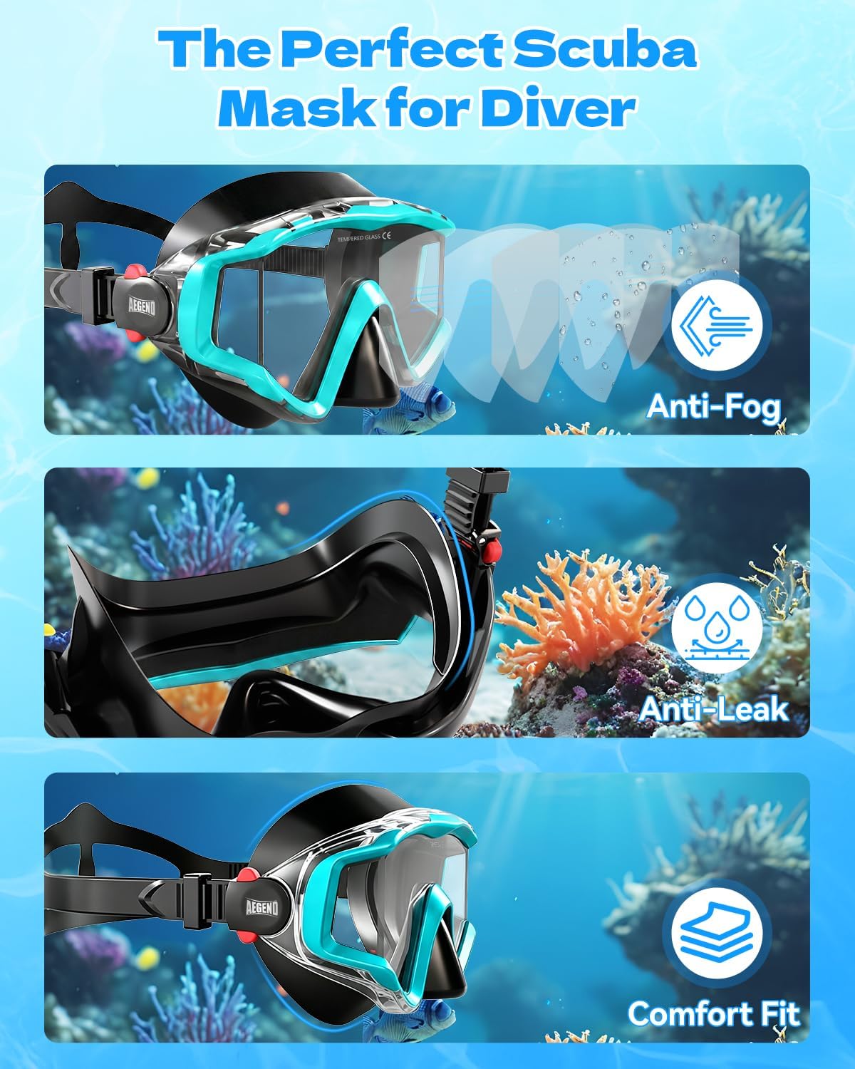 Detalle de Aegend Snorkeling Gear: 180° Panoramic Mask & Dry Top Snorkel for Adults