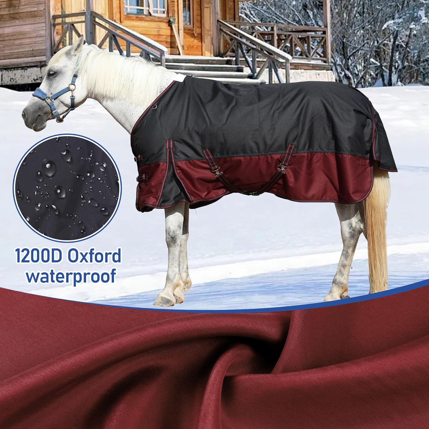 Detalle 2 de Leberna 1200D Winter Horse Turnout Rug with 200g Fill (6'3", Black Red) – Waterproof & Breathable