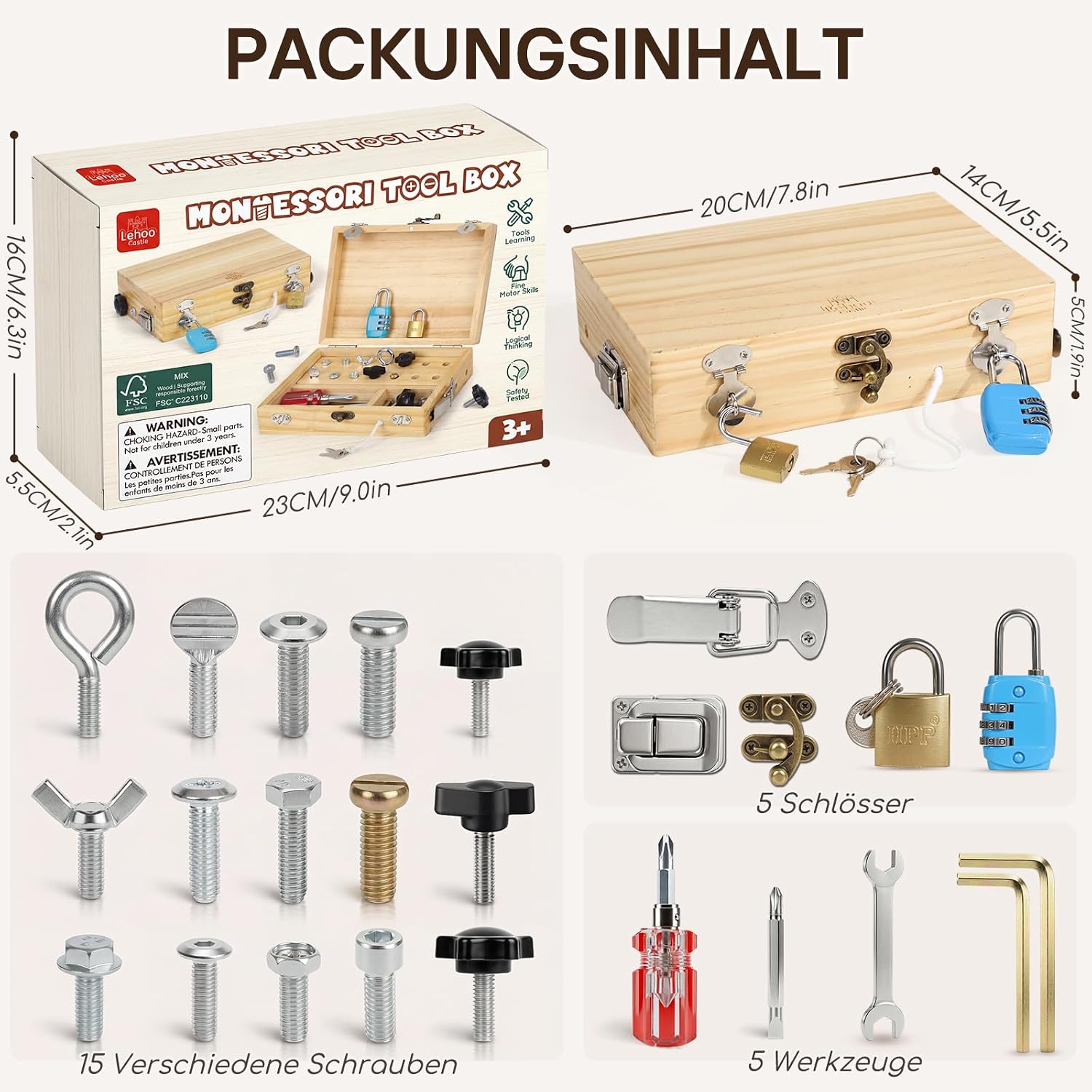 Detalle de Lehoo Castle Montessori Werkzeugkoffer – Motorik- und Entdeckungs-Spielzeug für Kinder ab 3 Jahren