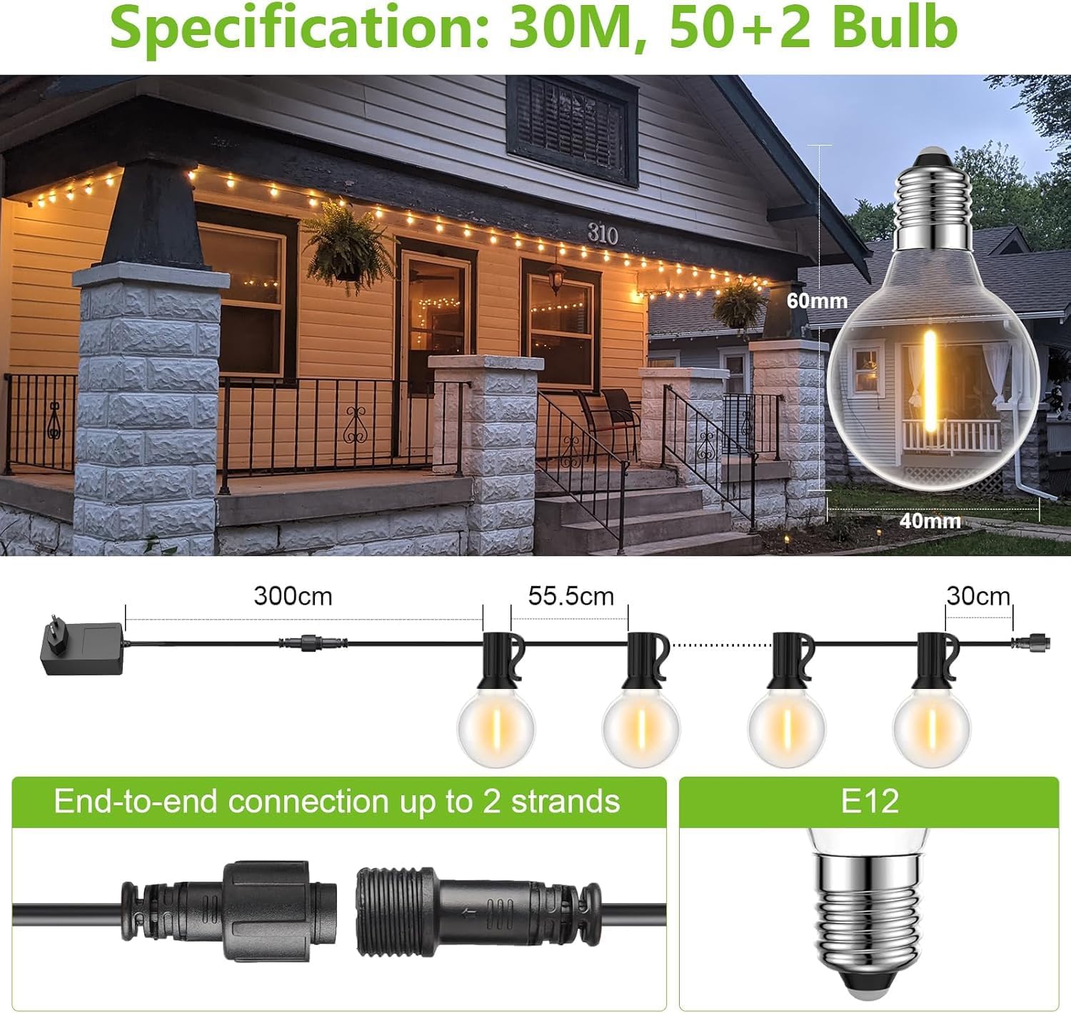 Thumbnail 3 de BokiHuk Catena luminosa da esterno 30 m con lampadine G40, 50+2 sfere e luce calda 2700K