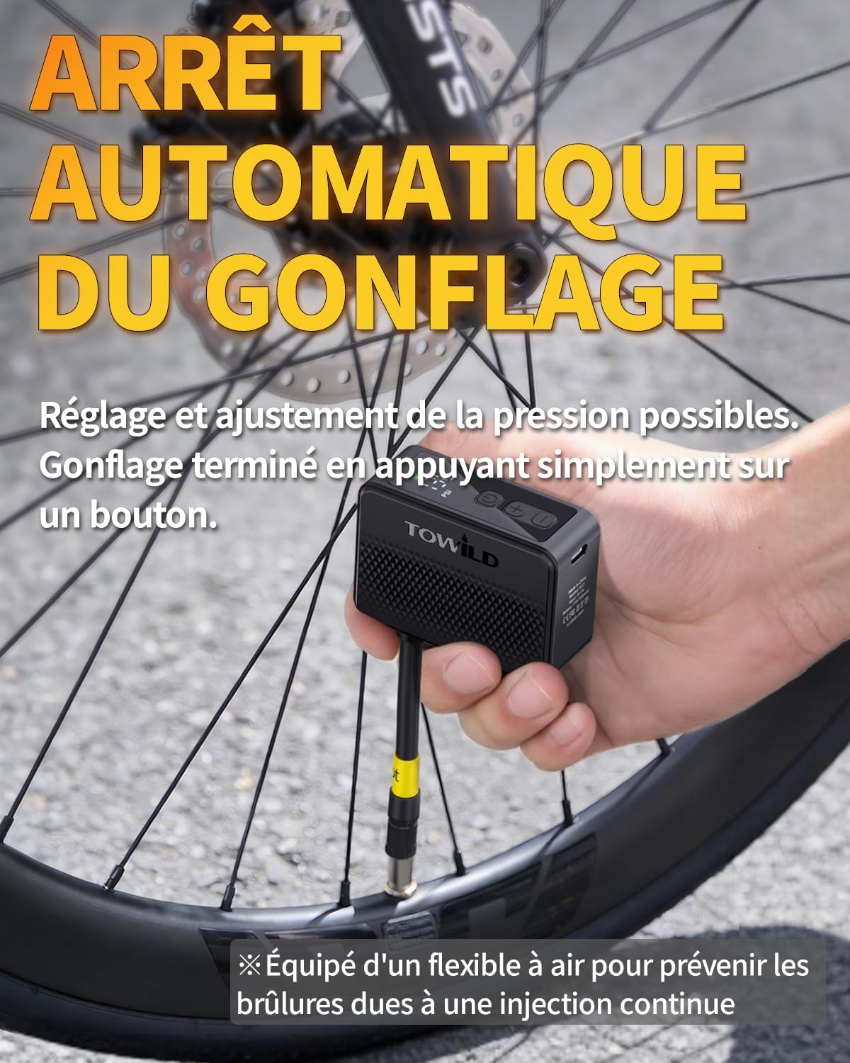 Thumbnail 3 de TOWILD A13 – Mini pompe à vélo électrique portable jusqu’à 130 PSI, compatible Presta & Schrader, recharge USB Type-C