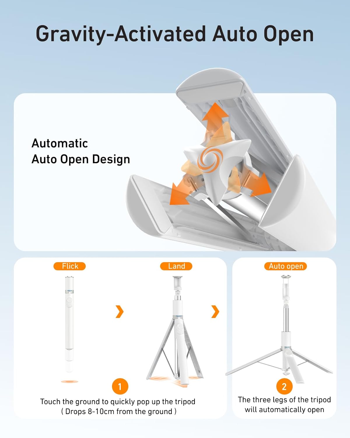Detalle 2 de TELESIN 180CM Automatisches Selfie Stick Stativ mit Magnet-Fernbedienung – 360° Drehkopf, Gravity Auto-Launch und Kaltlichtschuh