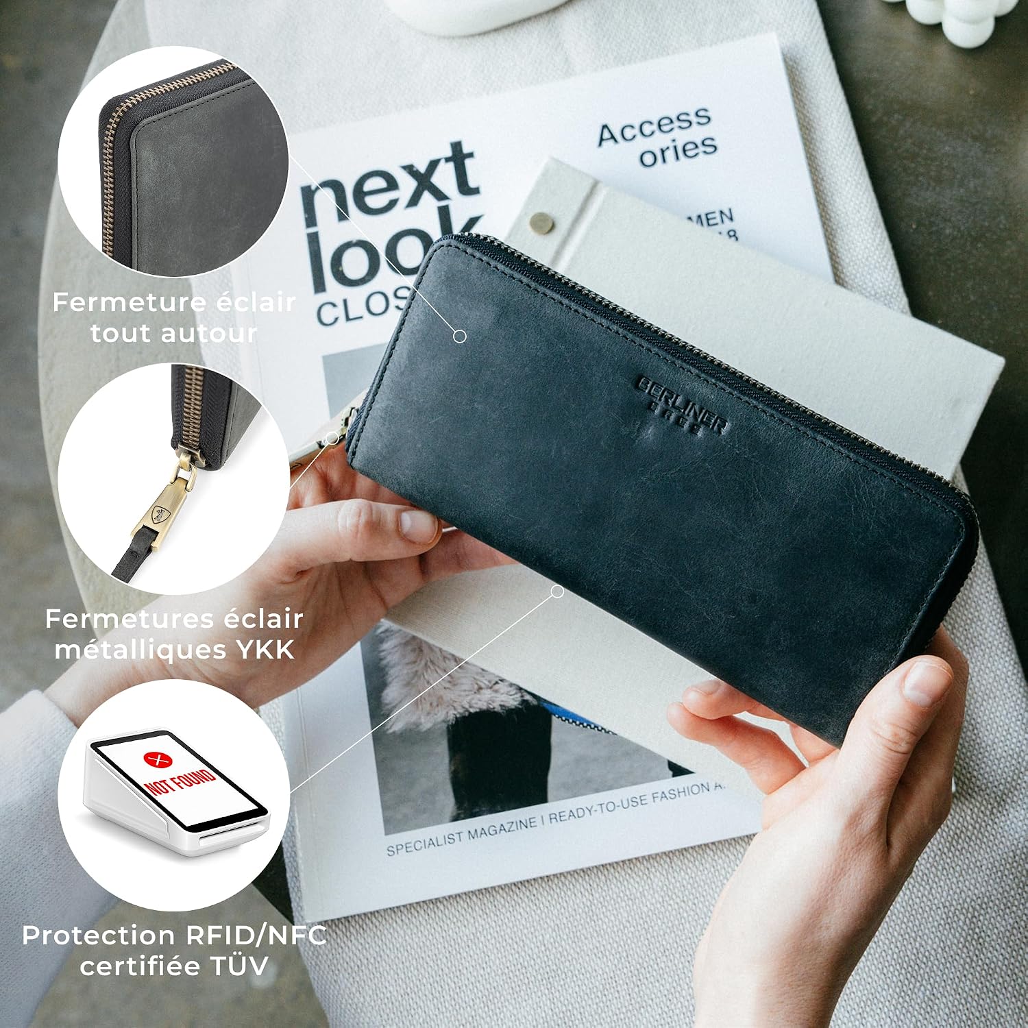 Detalle de Berliner Bags Palma Grand Portefeuille en Cuir with RFID Protection – Gris Foncé