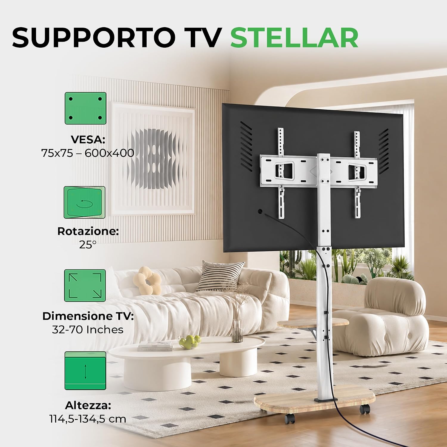 Thumbnail 2 de XTRARM Stellar supporto TV da pavimento con ripiano in legno, carrello mobile e ruote regolabili (32-70”, 45 kg, VESA fino a 600x400)