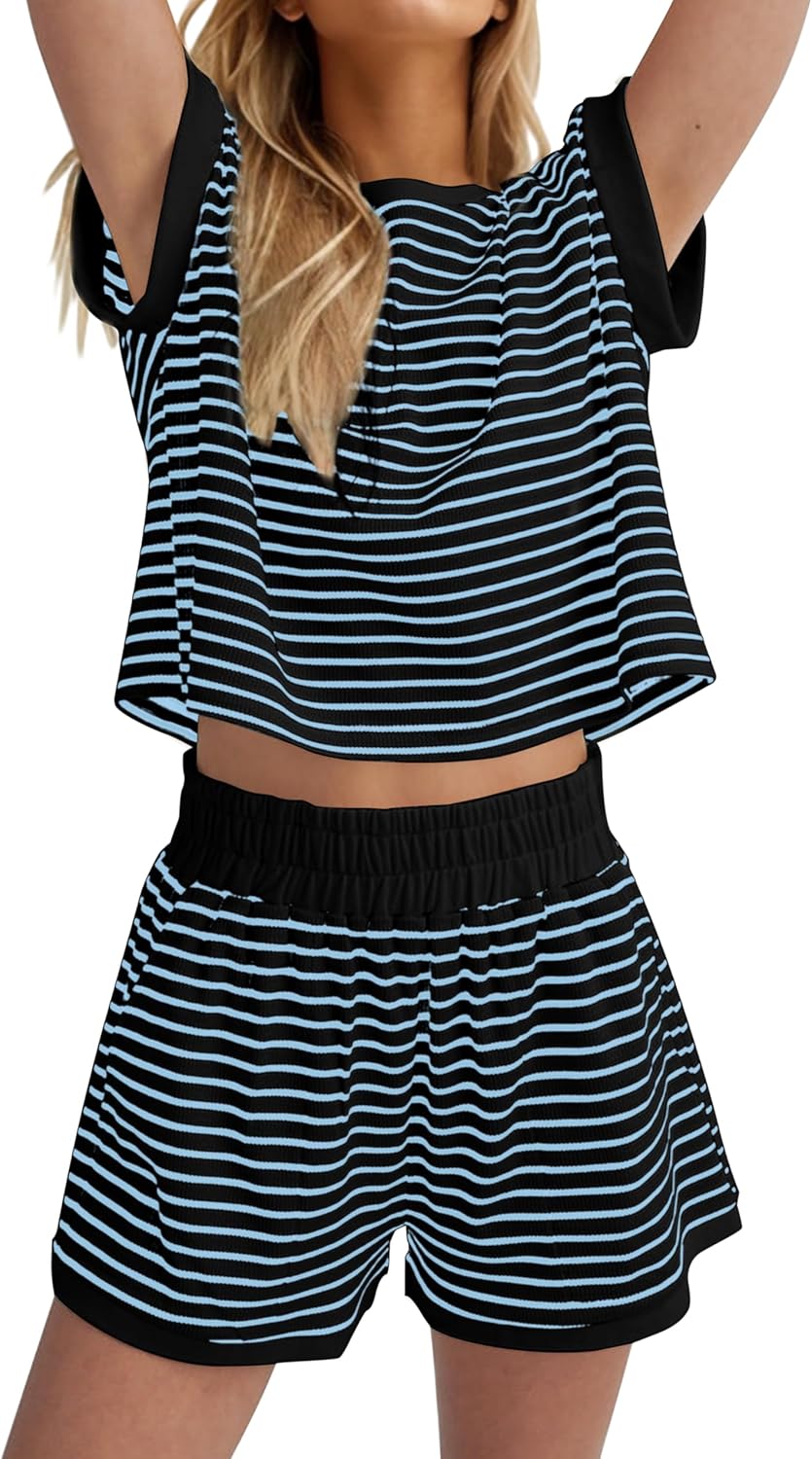 Thumbnail 6 de MISSACTIVER 2 Piece Lounge Set for Women – Stripe Knit Short Sleeve Tee + Matching Shorts