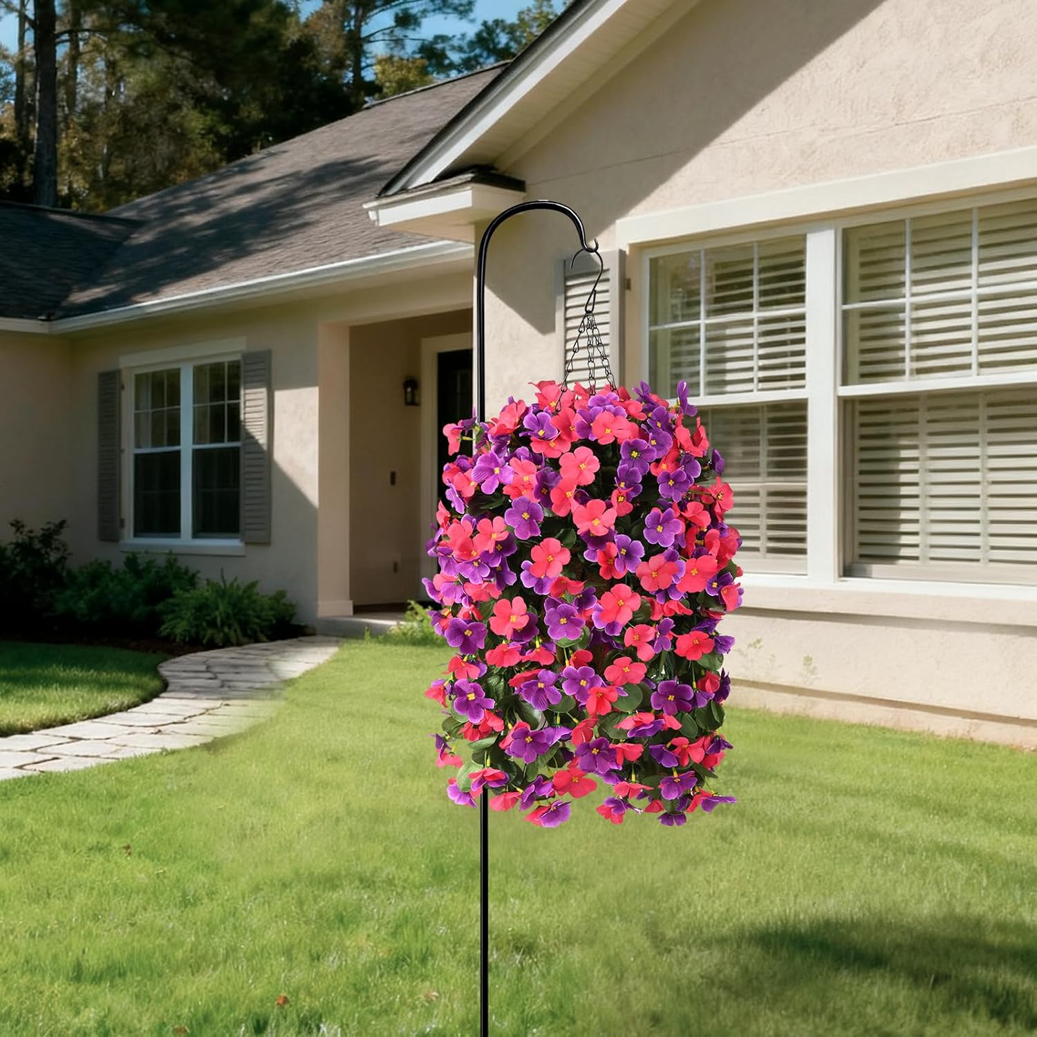 Thumbnail 2 de INQCMY Artificial Hanging Flowers Basket for Outdoor Decor – 4 Faux Begonia in Planter Look (Orchid Rose Red)