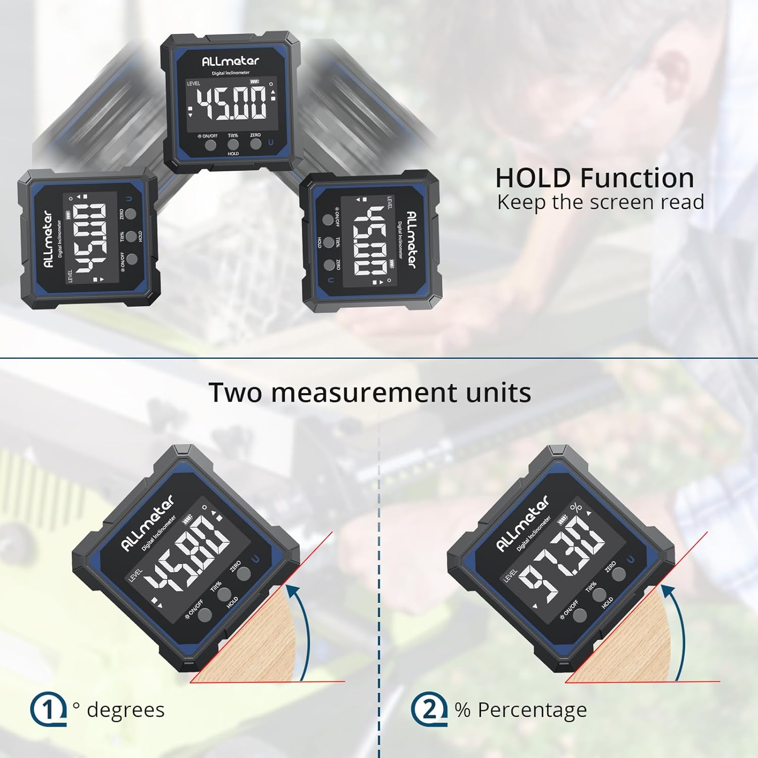Thumbnail 6 de ALLmeter Inclinometro Digitale Ricaricabile con Laser Verde a Quattro Lati – Inclinometro Digitale con Display LCD, IP54