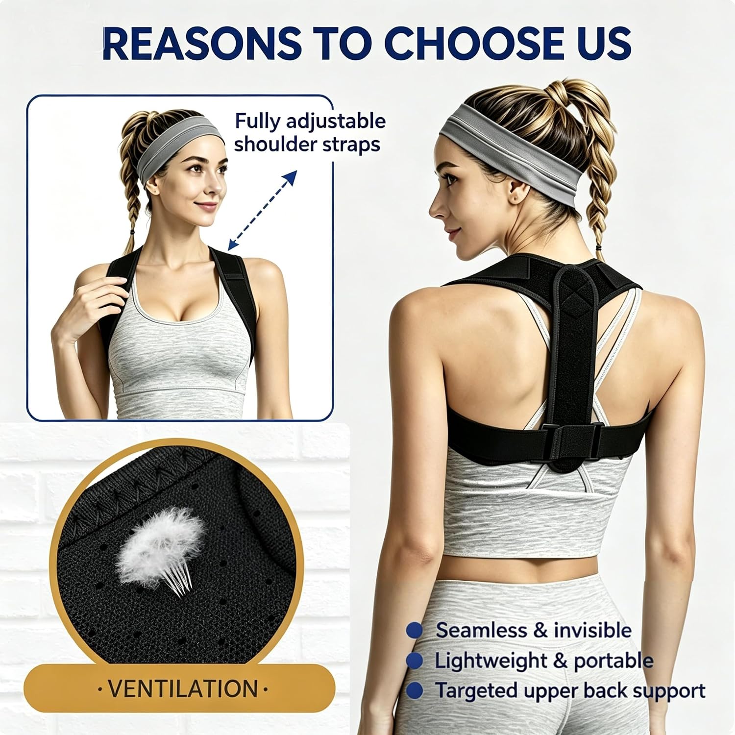 Detalle de sundpik Adjustable Posture Corrector for Women and Men, Breathable Upper Back Brace