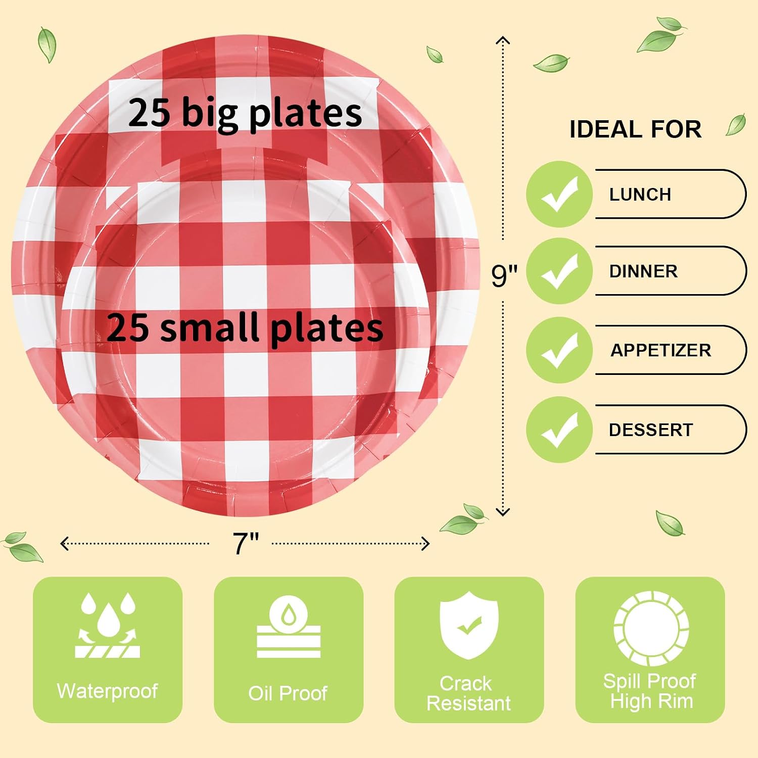 Thumbnail 4 de LANLISA 50 Red Gingham Paper Plates Set – 25 x 7" Dessert Plates & 25 x 9" Dinner Plates