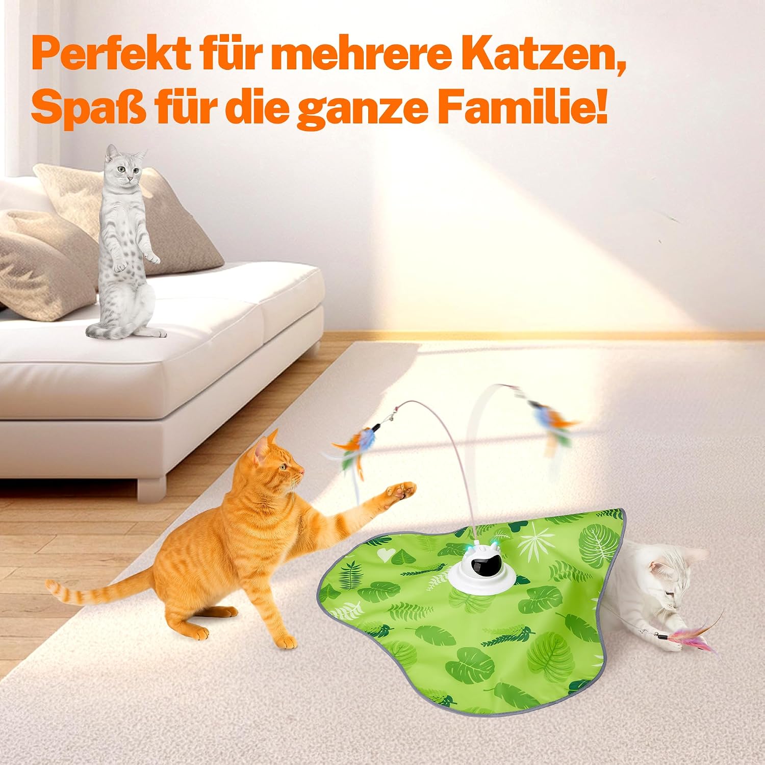 Detalle de Toozey Interaktives Katzenspielzeug mit 3 abnehmbaren Federn – USB-Aufladung, LED-Aktivierung und Fernbedienung