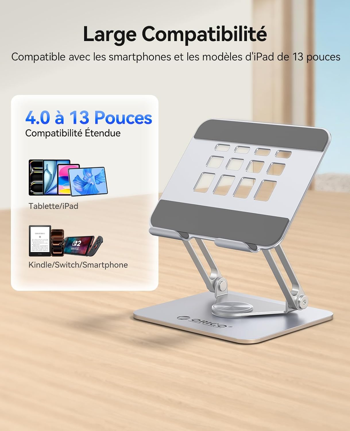 Thumbnail 5 de ORICO Support tablette à rotation 360° FB2 (jusqu’à 13") – support de bureau portable pliable pour iPad et Kindles, argent