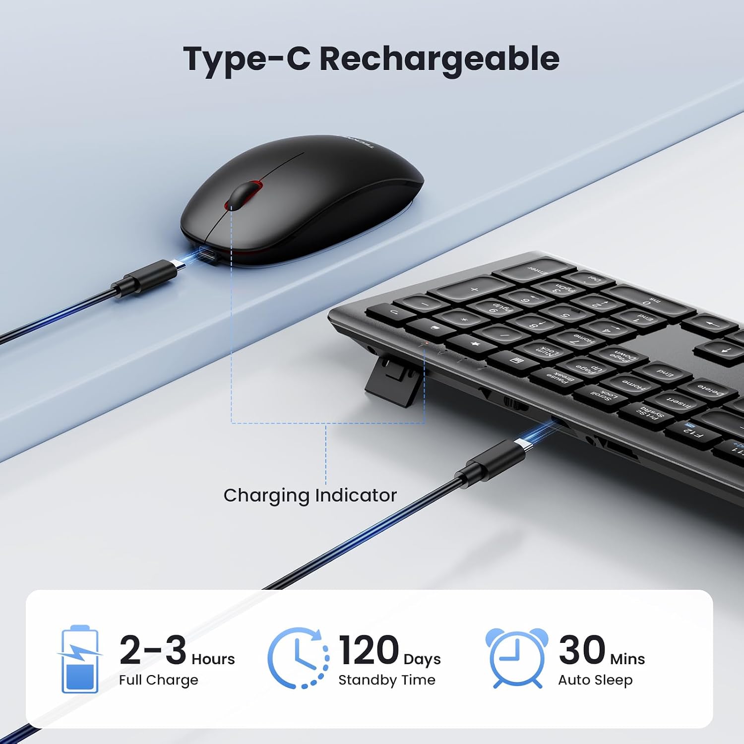 Thumbnail 3 de TECKNET Wireless Keyboard and Mouse Combo (2.4G, rechargeable) with UK QWERTY full-size keyboard and silent click mouse