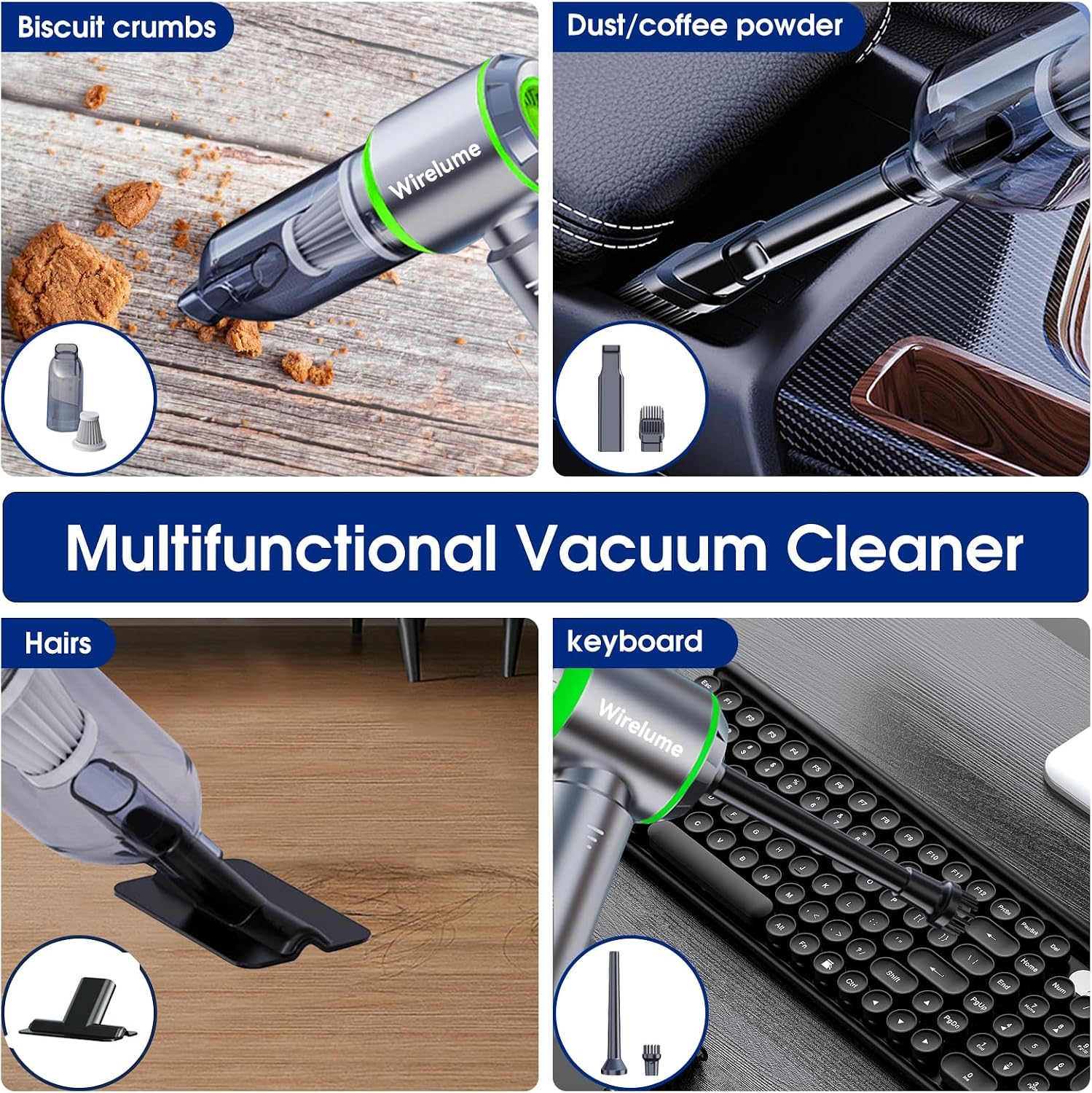 Detalle de Wirelume Green Sliver cordless handheld car vacuum, 22,000 Pa suction