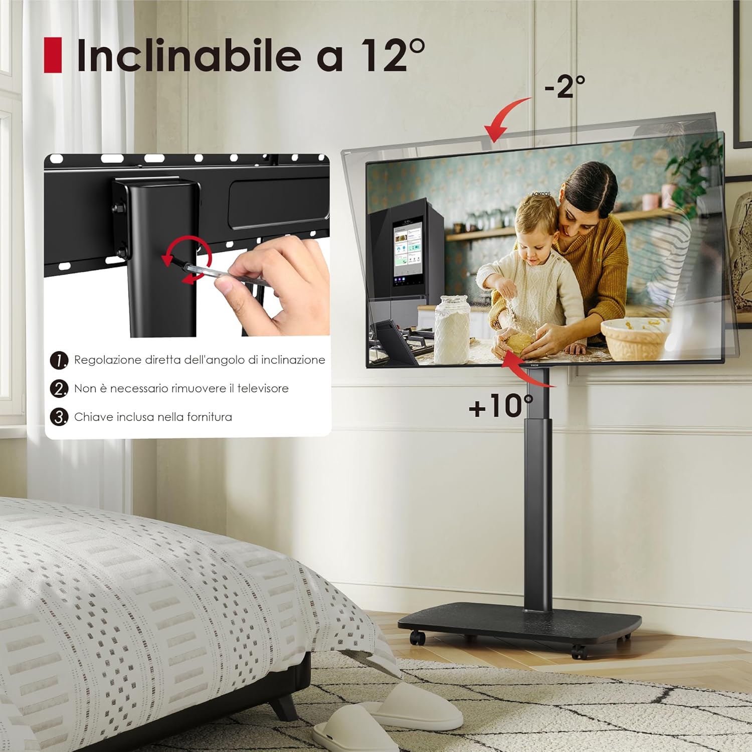 Detalle de AOKCOS Carrello Porta TV con Ruote per 43-75 pollici: supporto da pavimento regolabile, girevole e inclinabile, con base in legno