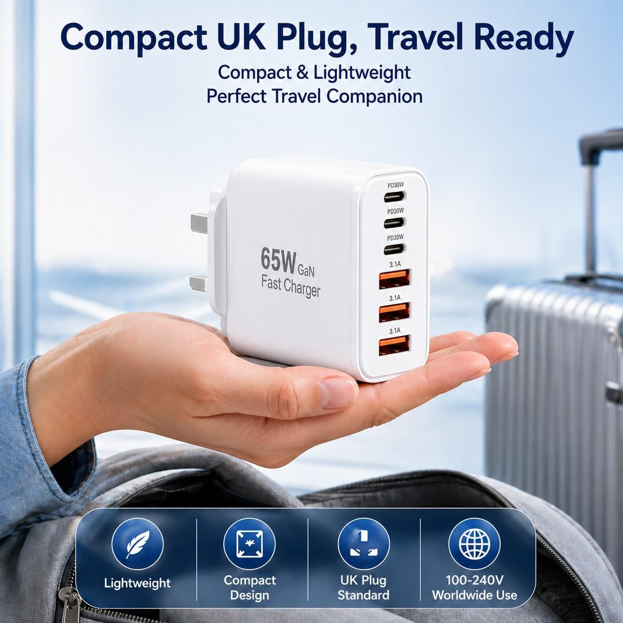 Detalle de USB C Fast Charger UK Plug 65W 6-Port (3 Type C + 3 USB A) Multi-Port Wall Power Adapter