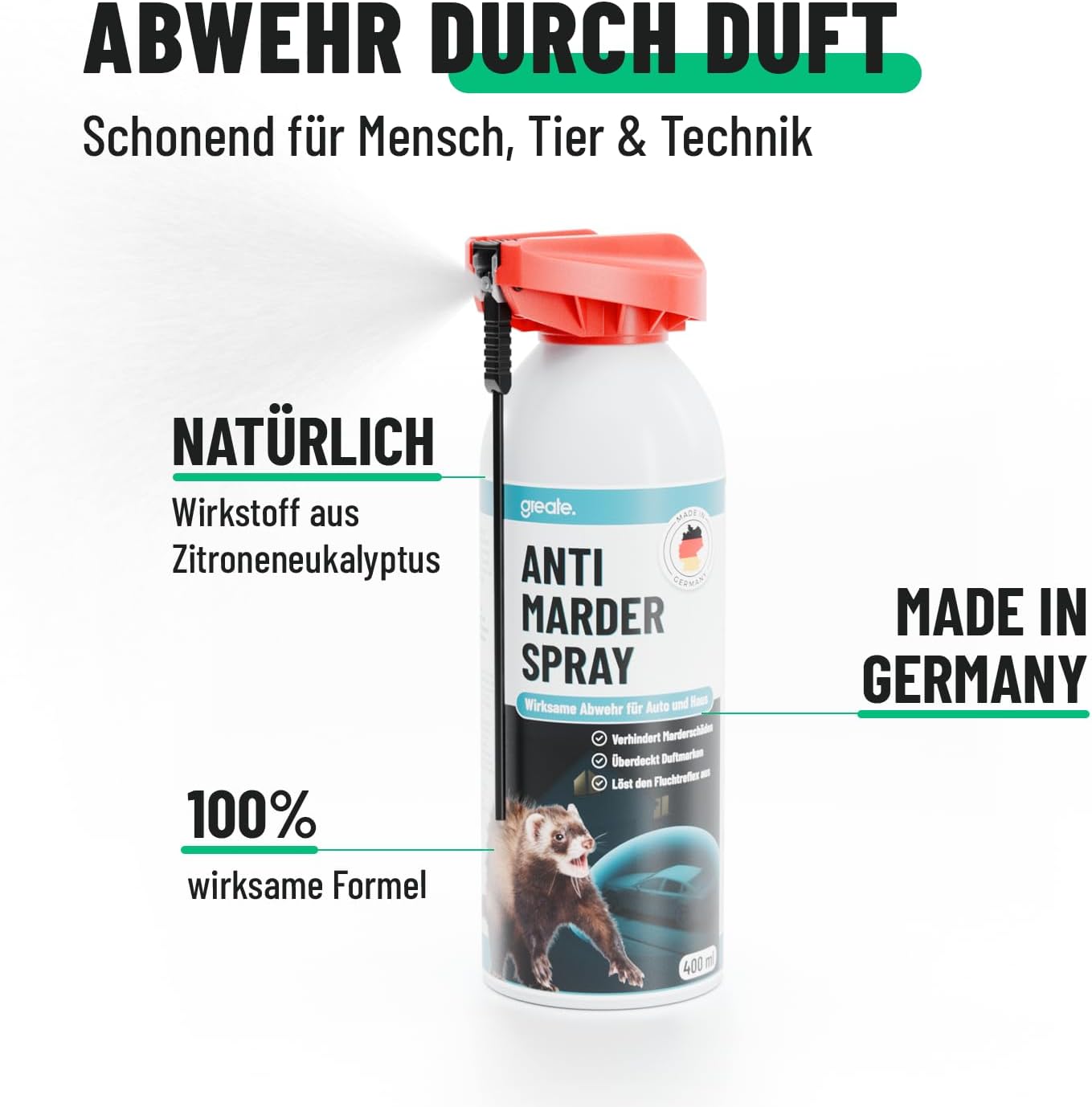 Thumbnail 4 de Greate 2X Anti-Marderspray mit Geraniol, 2 Dosen à 400 ml – Marderabwehr für Auto, Dachboden & Garage