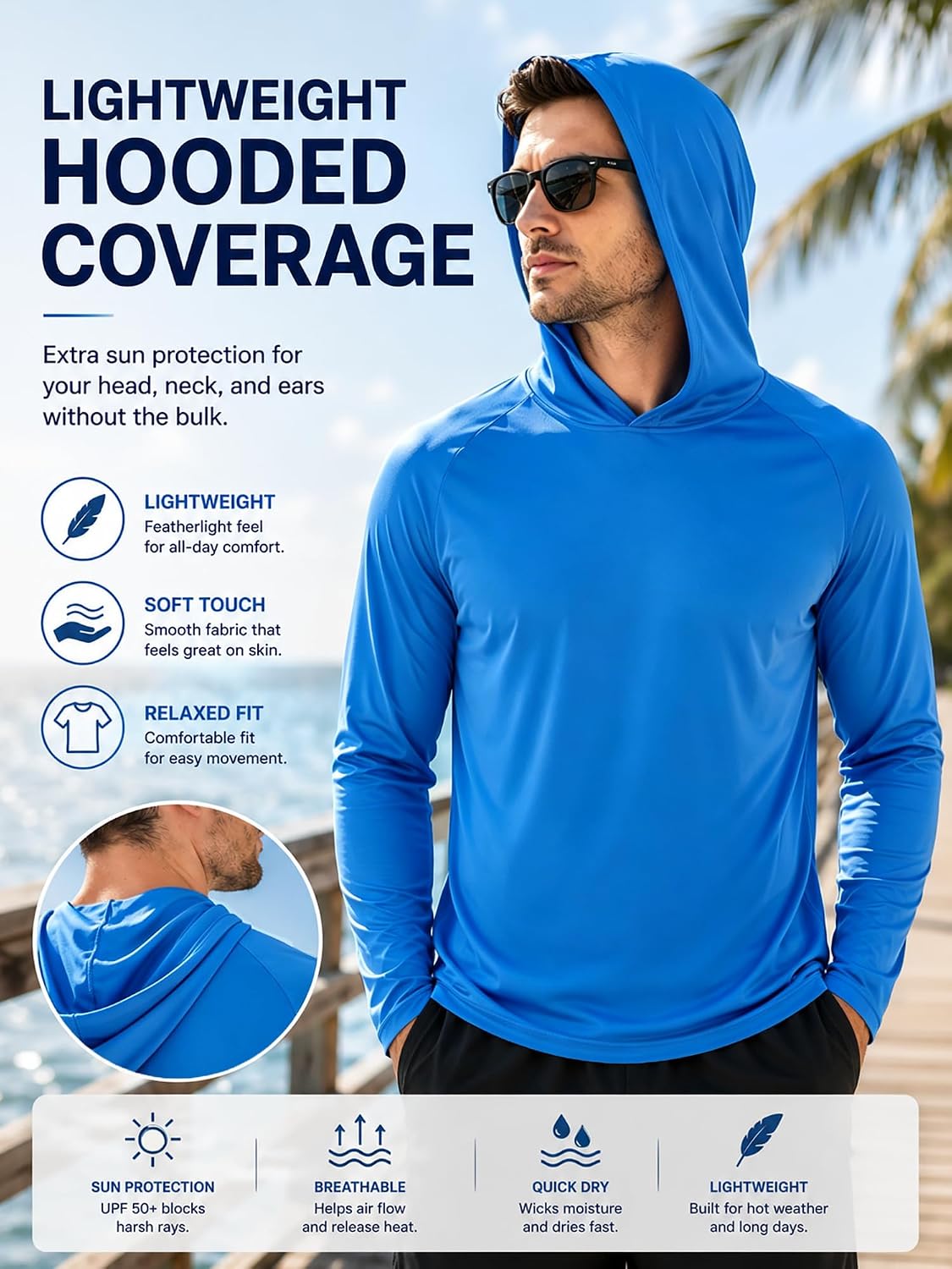 Detalle de ZITY Men's Sun Protection Hoodie Shirt: 3-Pack UPF 50+ Fishing Shirts for All-Day Outdoor Comfort