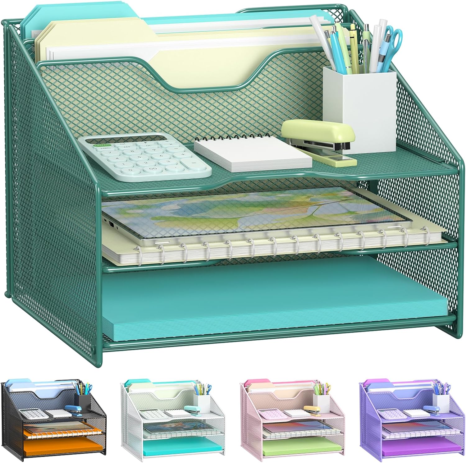 Detalle de Samstar SS-00148 Green Mesh Desk File Organizer with 3 Trays and 2 Upright Sections