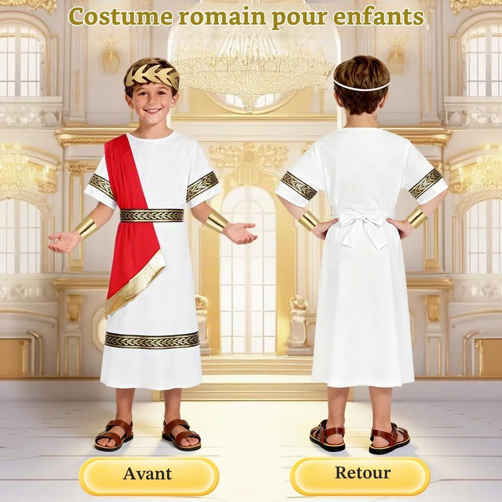 Detalle 2 de BSBUY Romeins keizerkostuum voor kinderen, wit-rood met gouden details