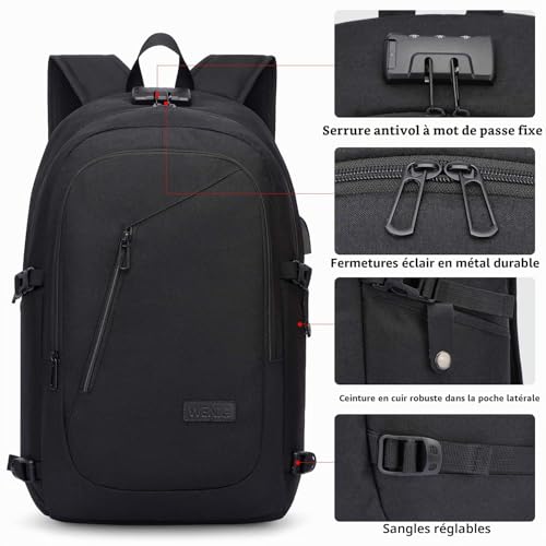 Detalle de Sac à Dos Ordinateur Portable 17 Pouces WENIG – Antivol, Étanche, Grand 35L avec Charge USB