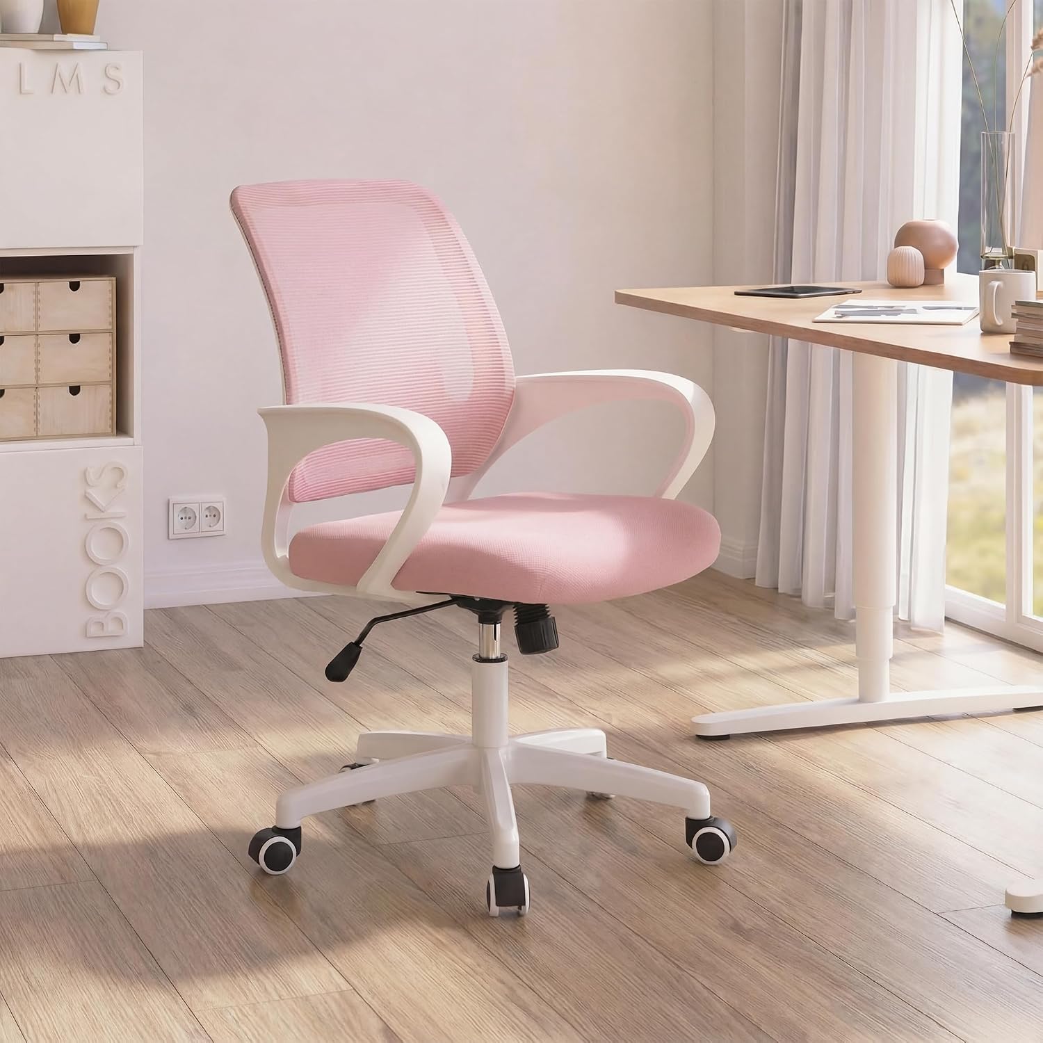 Detalle de NEO CHAIR Desk Chair, Pastel Pink Mesh Back, Adjustable Height, 360° Swivel