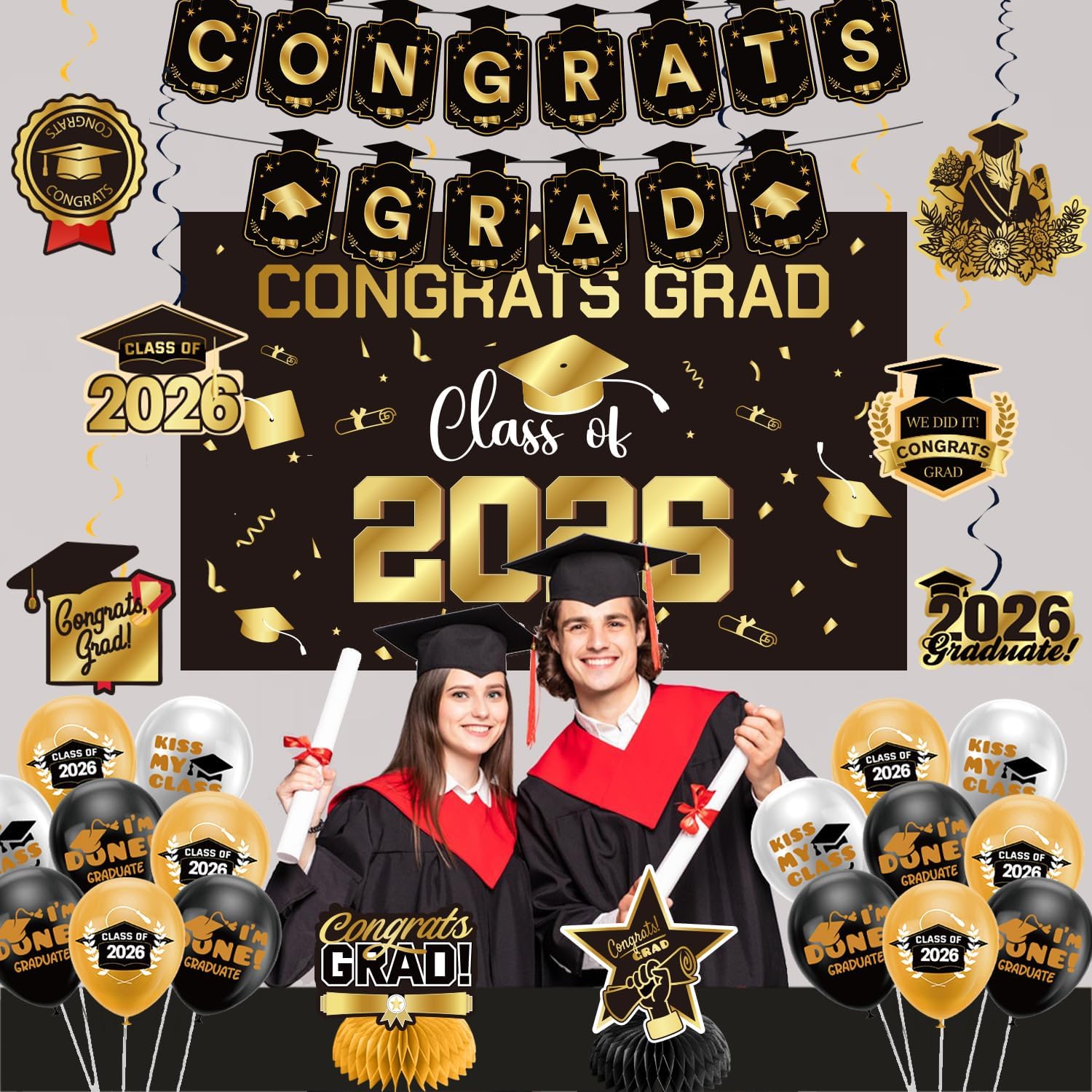 Detalle 2 de Graduation Decorations 2026 Gold Themed Set (Congrats Grad Banner, Backdrop, Balloons & Streamers) — Complete Party Supplies for Class of 2026