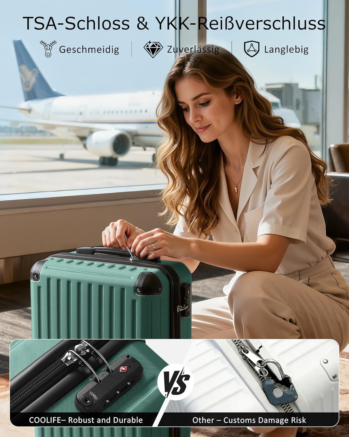 Detalle de COOLIFE Ryanair Handgepäck Koffer 55x35x20 cm + Vakuumbeutel 60% mehr Platz – ABS+PC mit TSA-Schloss